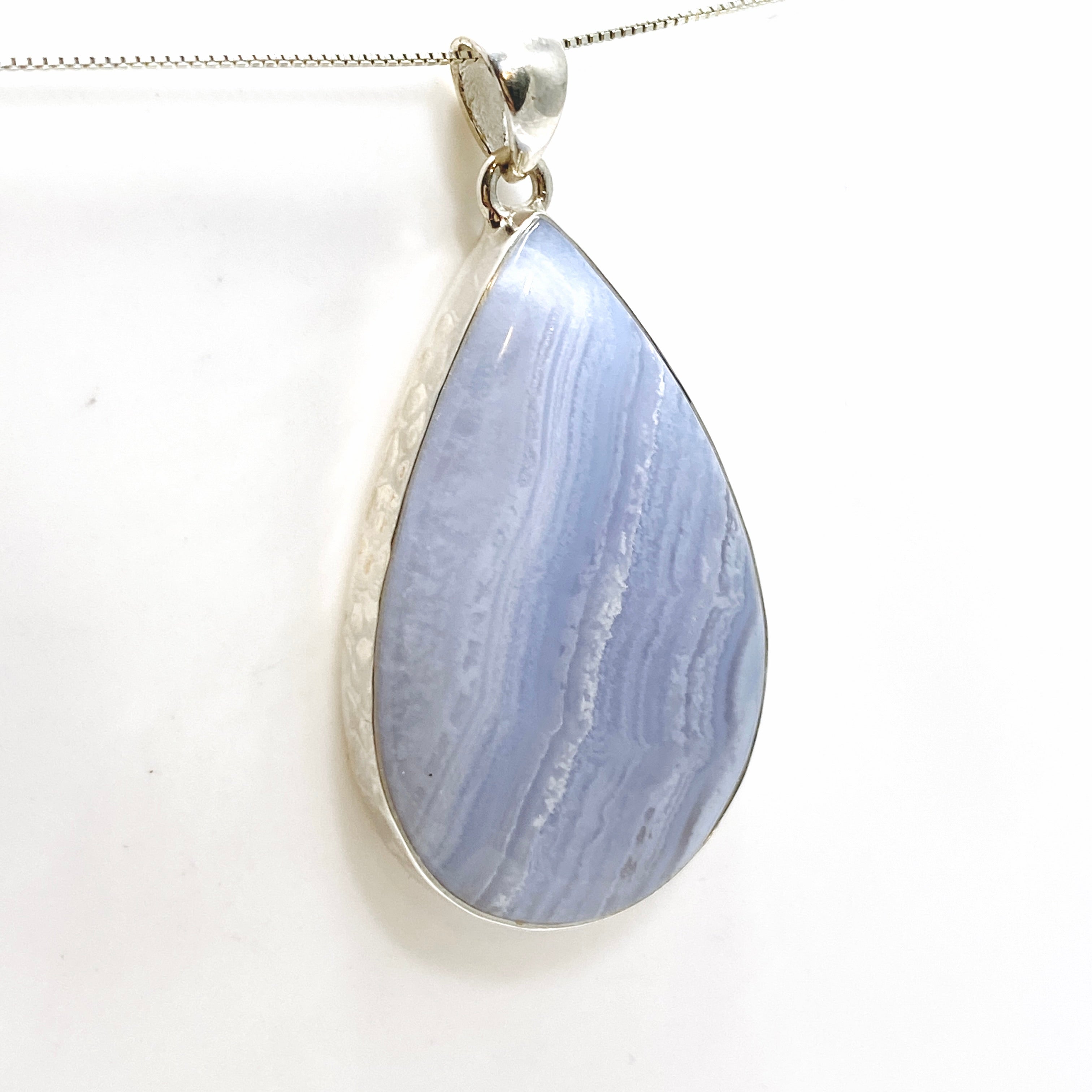 Blue Lace Agate Teardrop Cabochon Pendant in Hammered Silver Setting - KPGJ4831 | Handmade Jewelry for Women, Boho Chic Necklace for Everyday Wear & Special Occasions