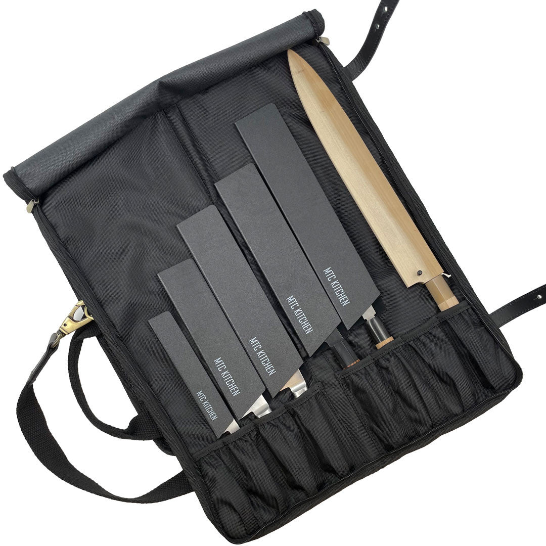 Premium Black Waxed Canvas Knife Roll - 8 Slot Knife Storage Bag with Adjustable Shoulder Strap | Perfect for Chefs, Butchers & Outdoor Cooking Enthusiasts
