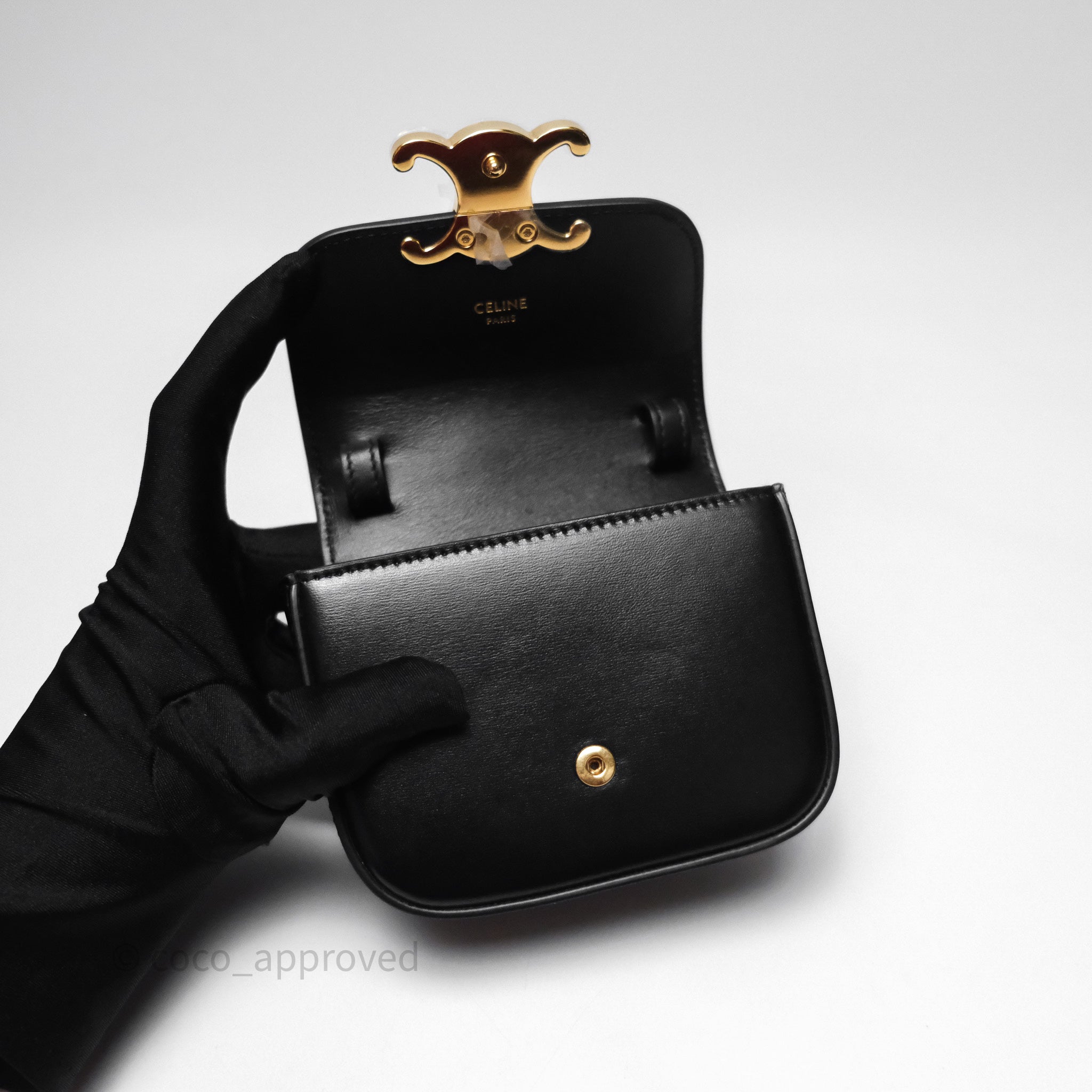 Celine Mini Claude Triomphe Bag in Black Shiny Calfskin Leather - Luxury Crossbody Purse for Women, Perfect for Date Night & Evening Events