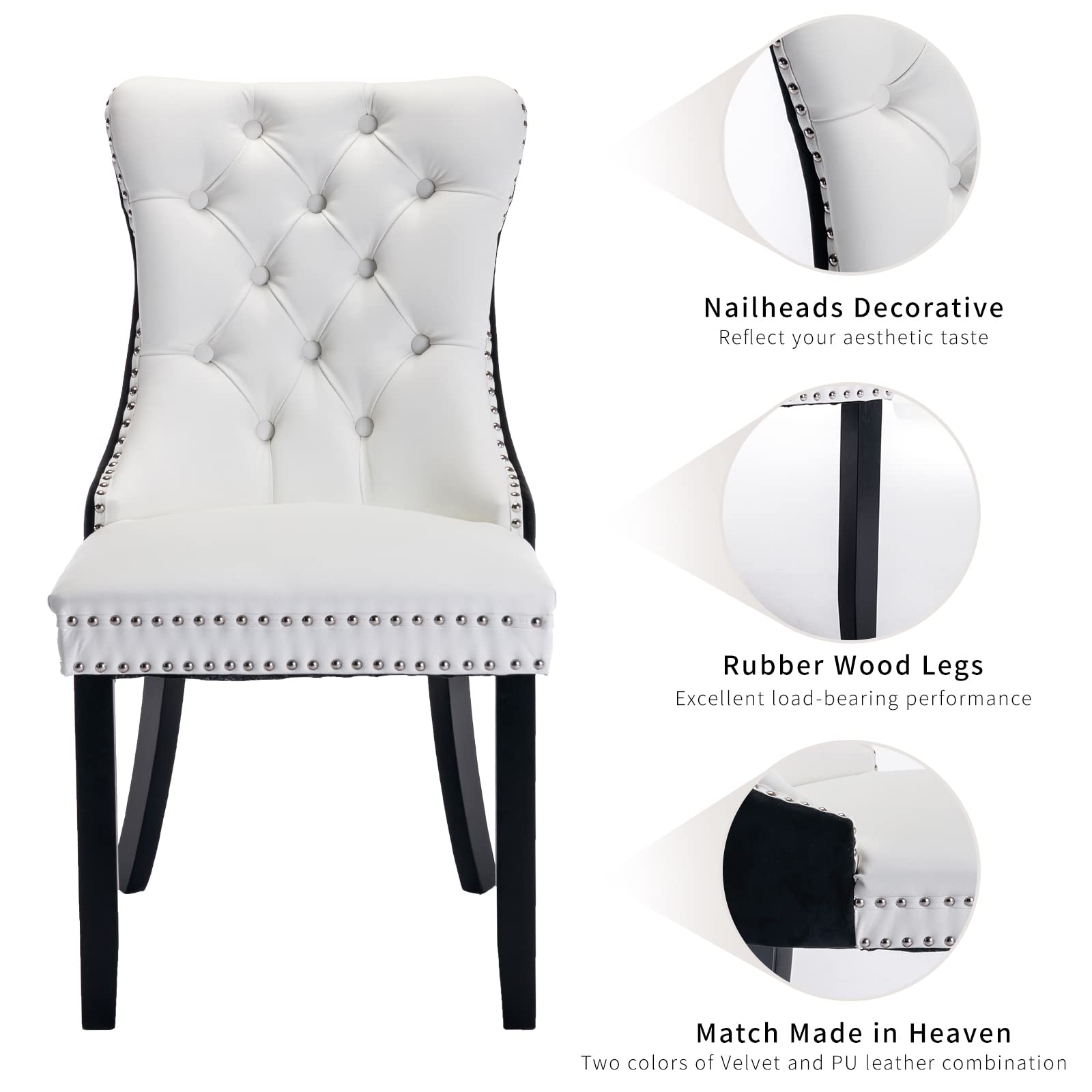 Luxury Velvet & PU Leather Dining Chairs Set of 4 - Tufted Upholstered Kitchen & Dining Room Chairs with Solid Wood Frame (White & Black) - Perfect for Modern Home, Restaurant, and Office Use