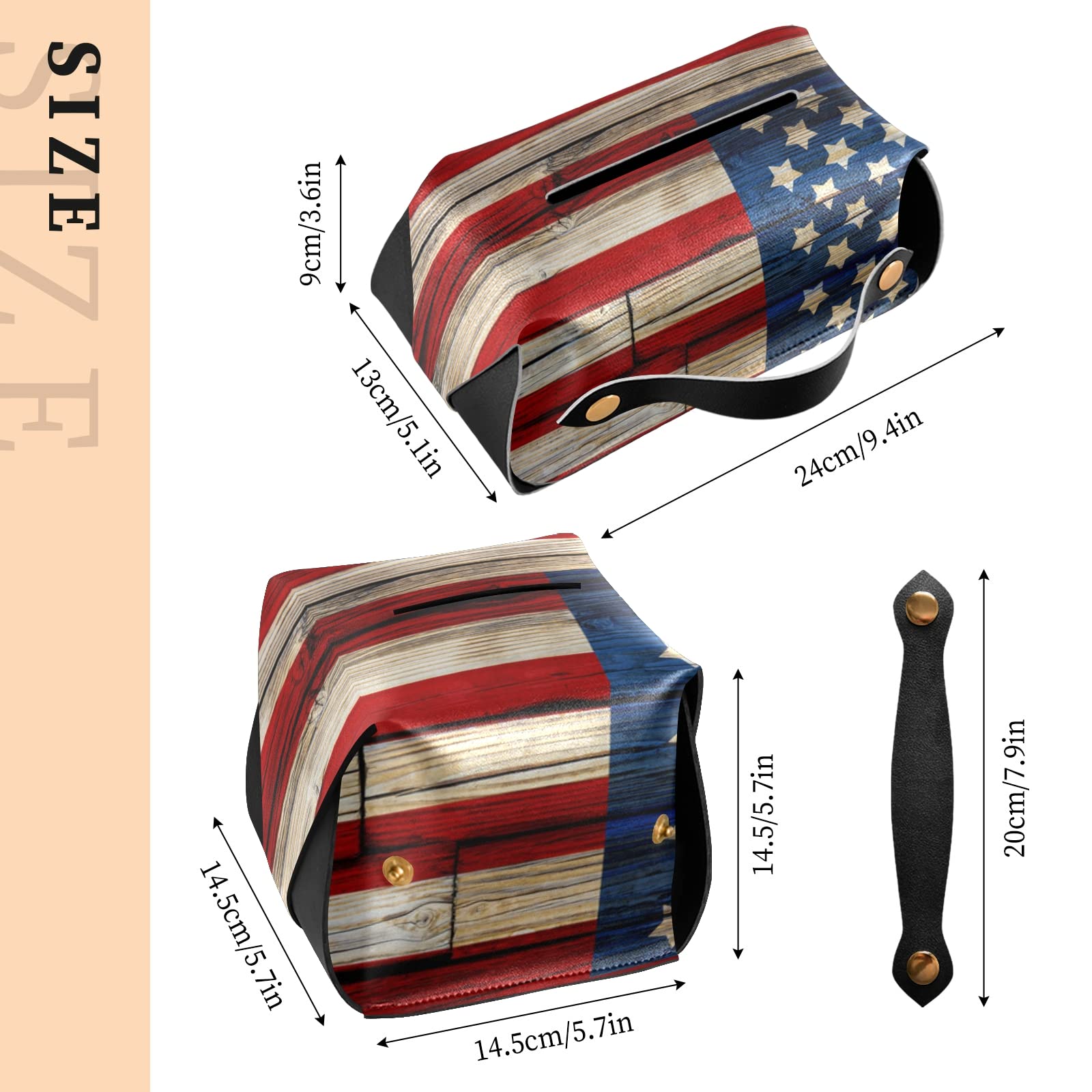 American Flag Wooden Tissue Box Cover - PU Leather Rectangular Tissue Holder with Handle for Home, Office, Bedroom & Bathroom | Patriotic Home Decor & Gift Idea