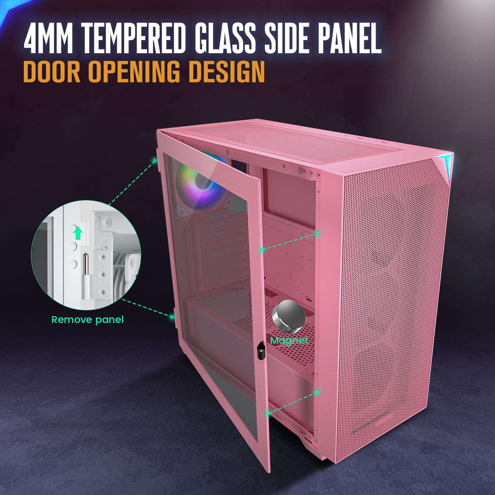 VETROO AL800 Full Tower PC Case - Tempered Glass Door, E-ATX/ATX Motherboard Support, Adjustable LED Strip, Pre-Installed ARGB & PWM FDB Fan, 40 Series GPU Compatible - Pink | Perfect for Gaming Rigs, Workstations & Custom PC Builds