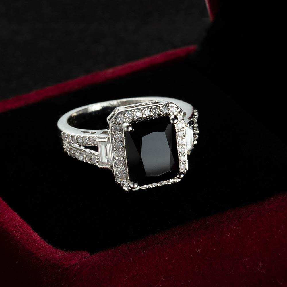 925 Sterling Silver Black Onyx Square Cut Engagement Ring for Women - Wedding Band, Anniversary Promise Ring with Black Cubic Zirconia Simulated Diamond - Perfect for Bridal, Cocktail Parties & Special Occasions
