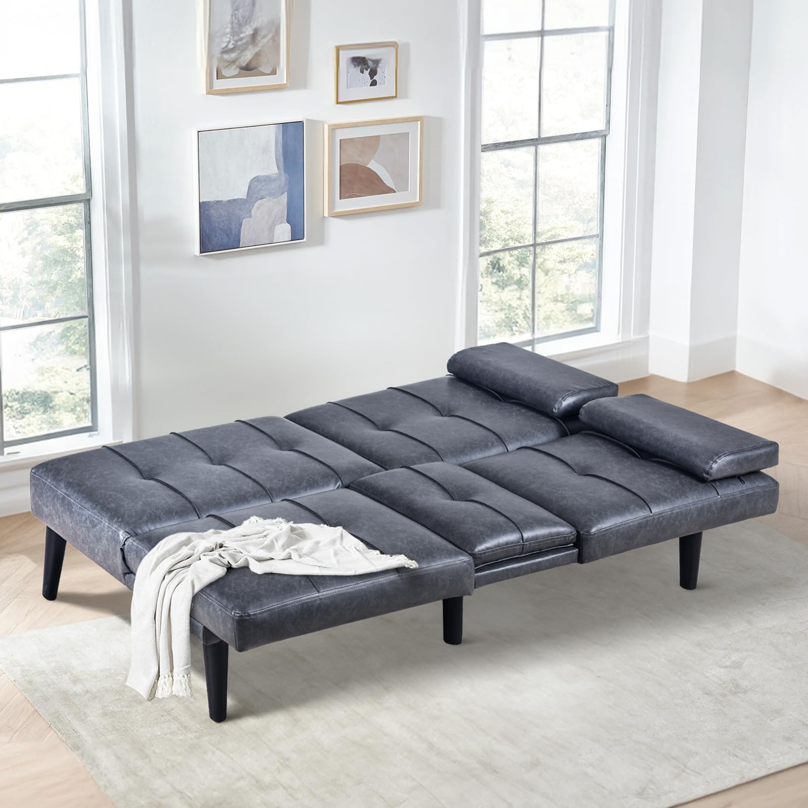 COLAMY Leather Futon Sofa Bed - Convertible Small Couch with Cup Holder, Removable Armrest & Adjustable Backrest - Dark Grey - Perfect for Small Spaces, Guest Rooms, Dorm Rooms and Home Offices