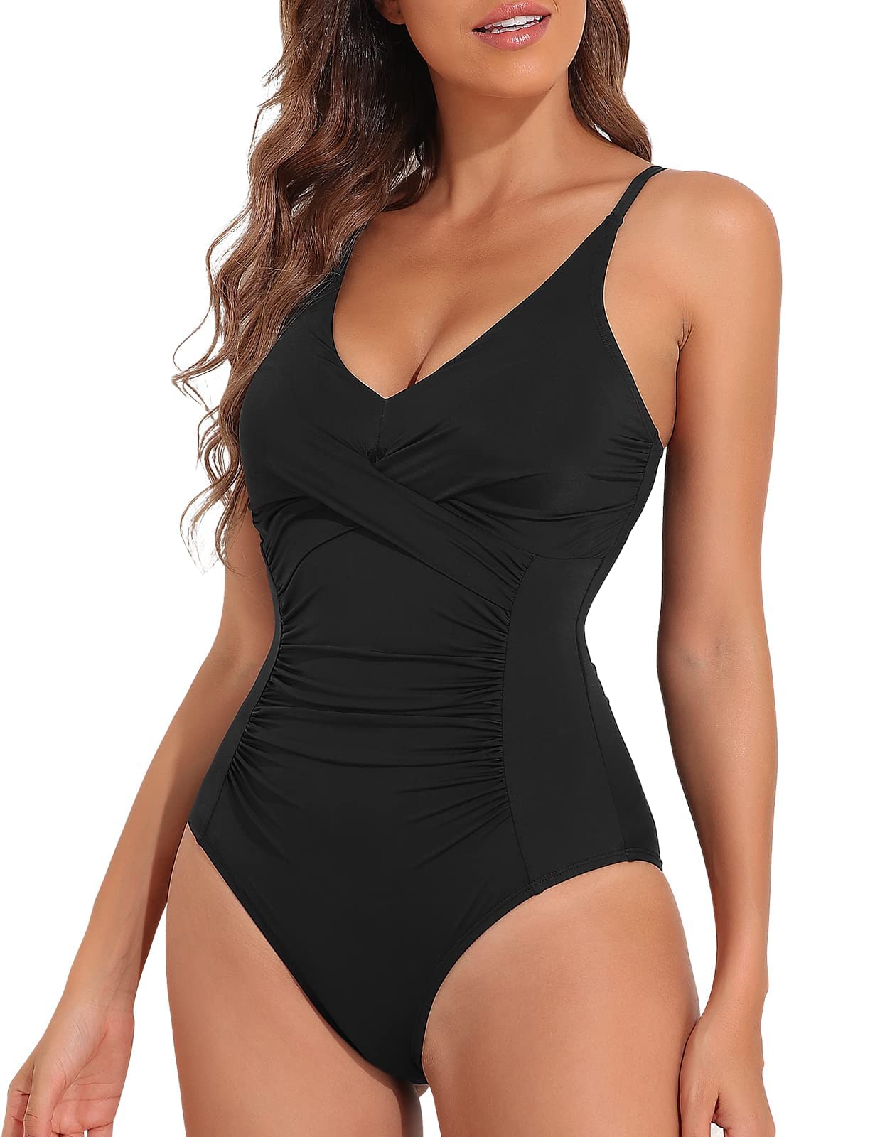 Mycoco Women's Tummy Control One Piece Swimsuit - V Neck Ruched Design Slimming Bathing Suit for Beach, Pool & Vacation