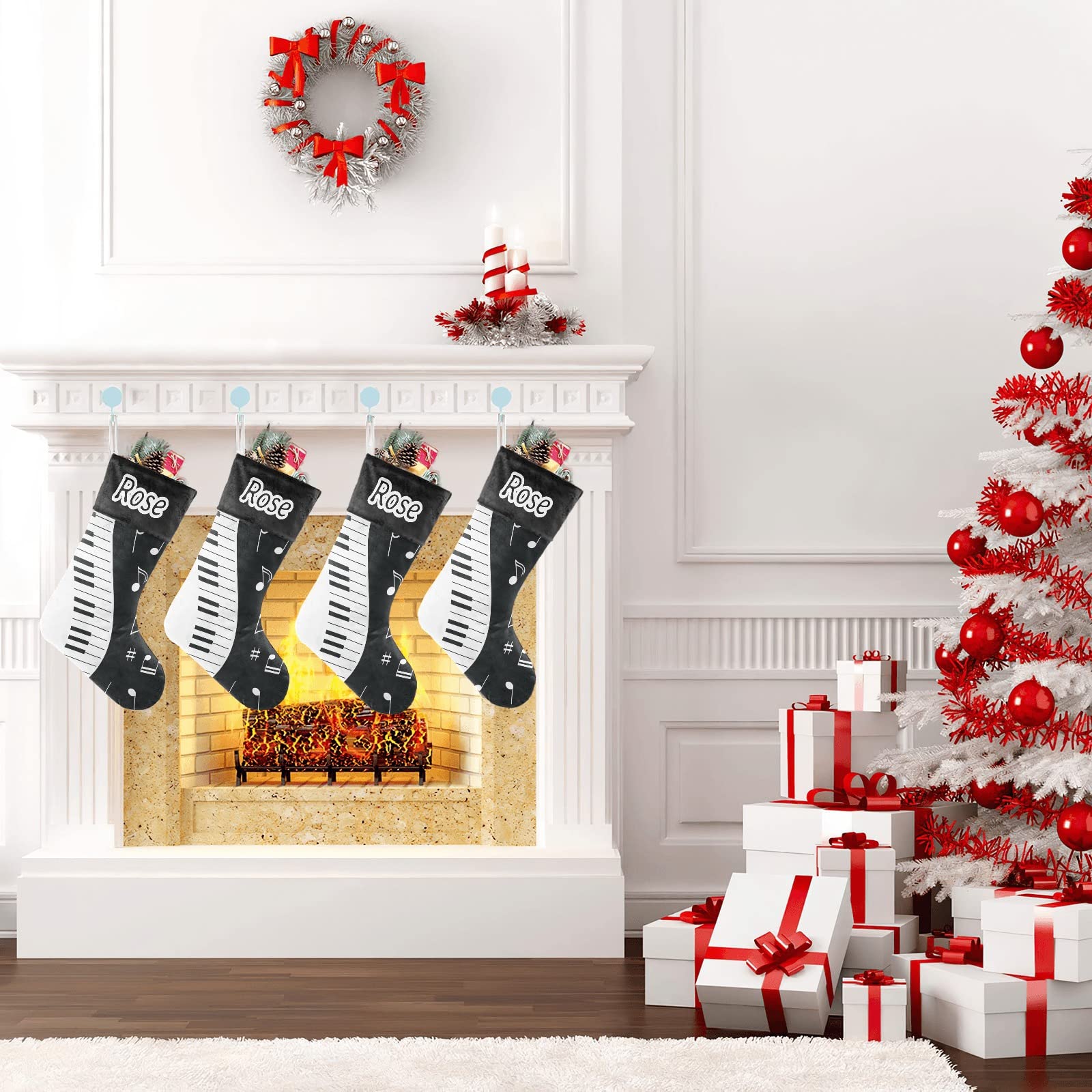 Personalized Christmas Stockings with Music Notes & Piano Design - Custom Name Text Holiday Decor (17.52 x 7.87 Inch) - Perfect Festive Gift for Musicians & Music Lovers