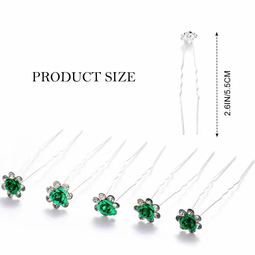 5pcs Green Crystal Pearl U-Shaped Hair Clips for Women - Wedding Bridal Hair Accessories, Barrettes & Hairpins - Perfect for Parties, Proms & Special Occasions