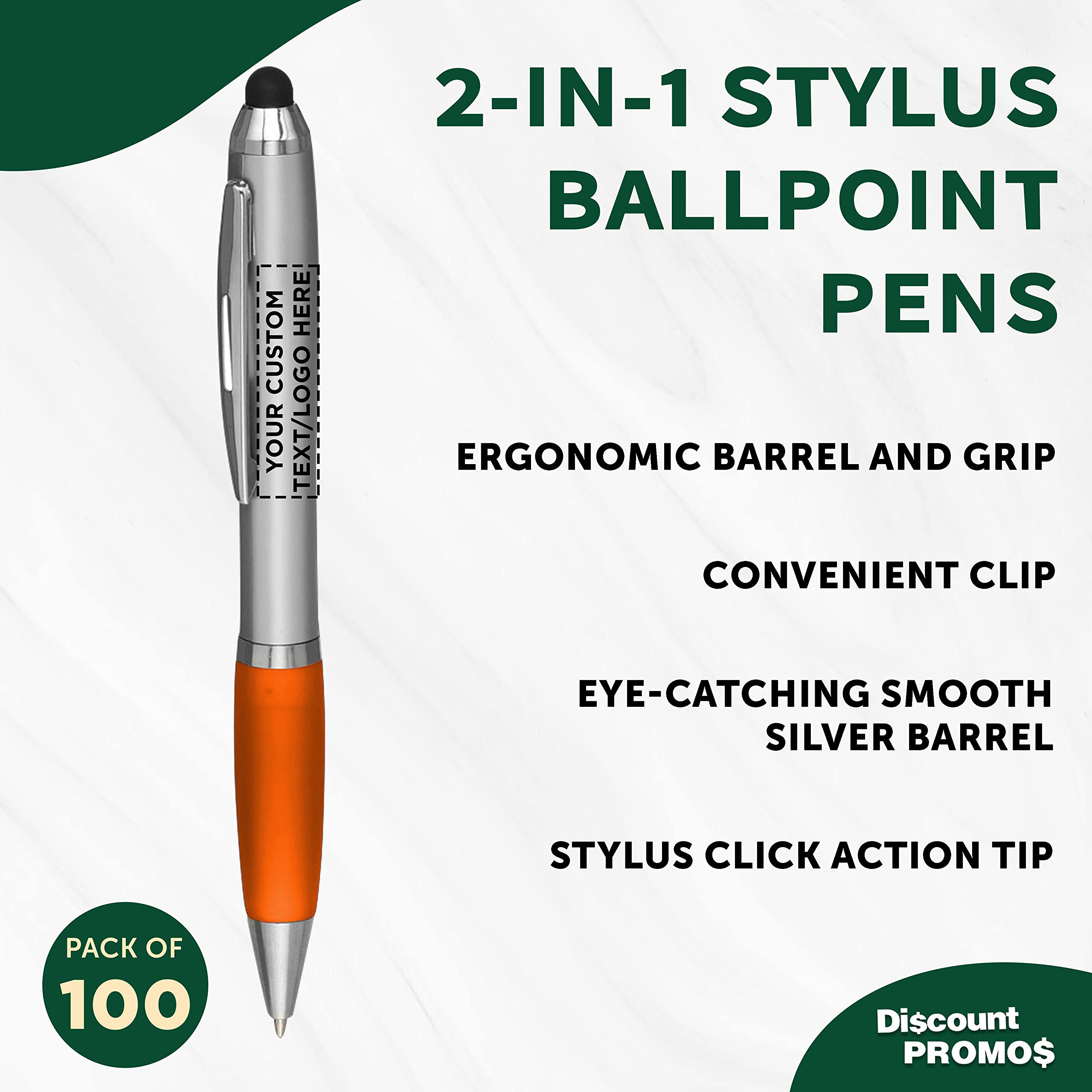 Custom Stylus Ballpoint Pens - Bulk Pack of 100 with Black Ink | Personalized Office & School Supplies | Perfect for Business, Tradeshows, Events & Everyday Use - Orange