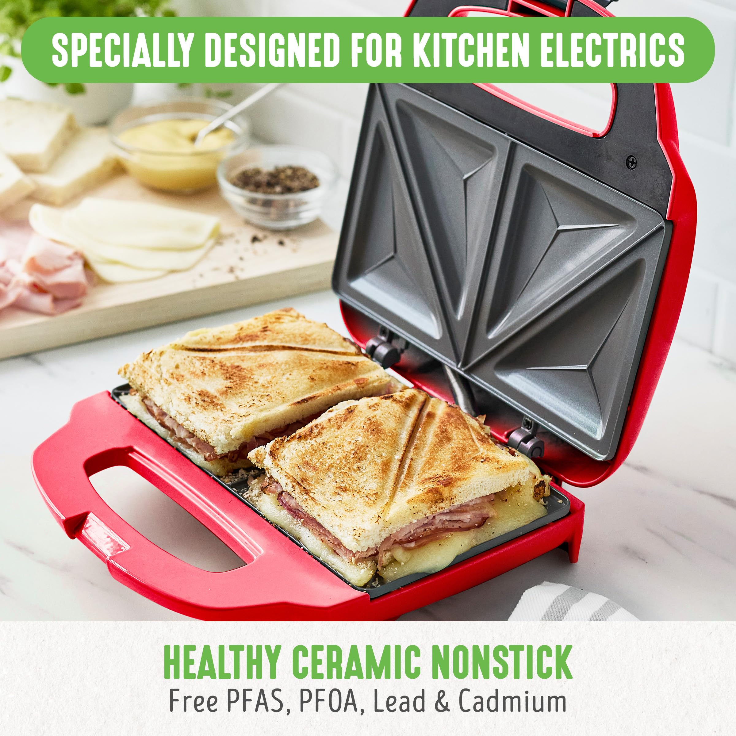 GreenLife Pro Electric Panini Press Grill & Sandwich Maker - Healthy Ceramic Nonstick Plates, PFAS-Free, Easy Indicator Light - Perfect for Grilled Cheese, Paninis, Sandwiches & Breakfast Cooking (Red)