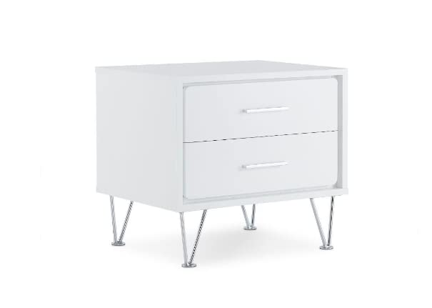 HomeRoots 2-Tier White Wooden Drawer Chrome Nightstand - Modern Bedside Table for Bedroom with Storage Space | Perfect for Small Spaces, Apartments & Guest Rooms