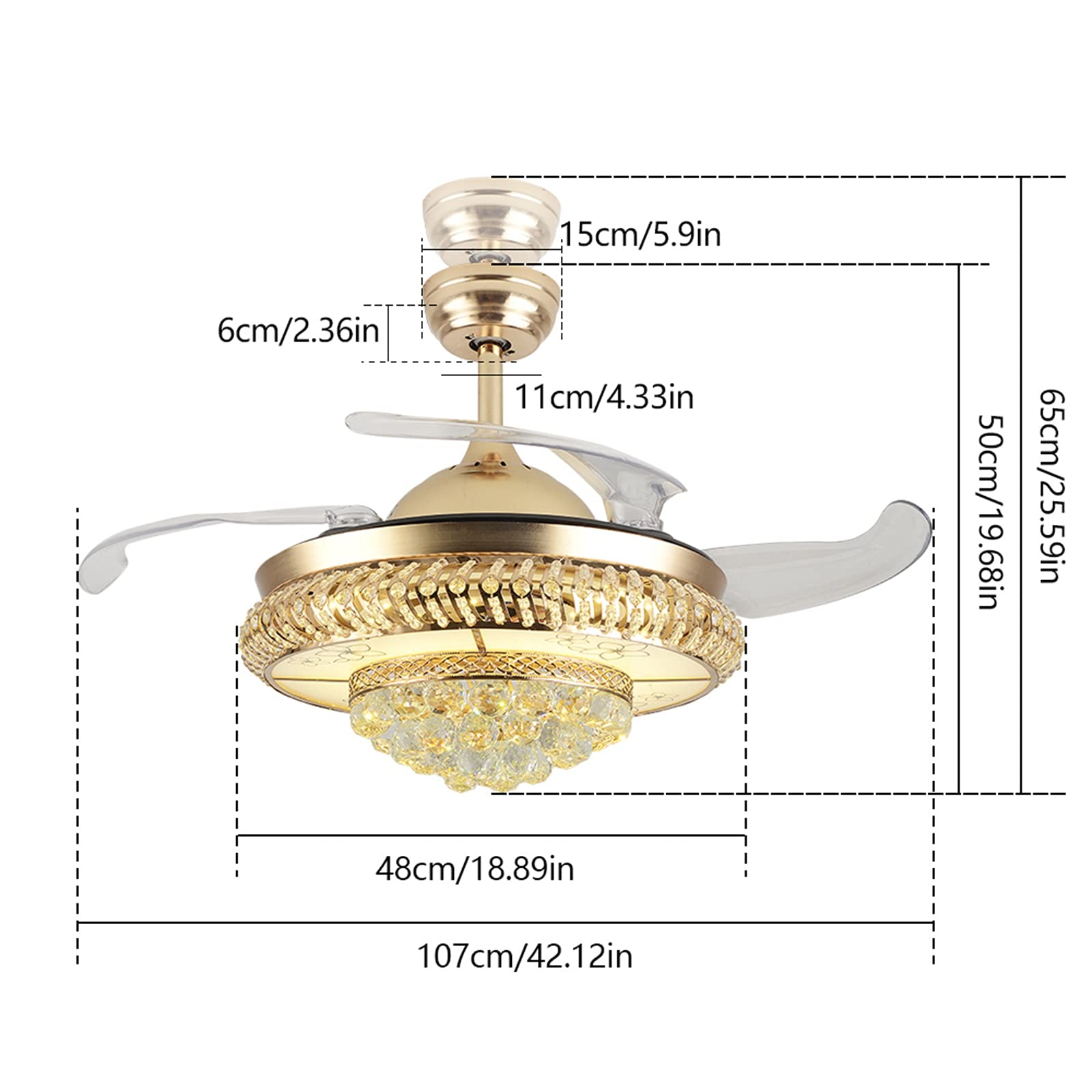 Modern Retractable Crystal Ceiling Fan with LED Light & Remote Control - 42 Inch Dimmable 3-Speed Smart Fan for Living Room, Bedroom, Office - Gold Finish | Energy Efficient Cooling & Stylish Home Decor