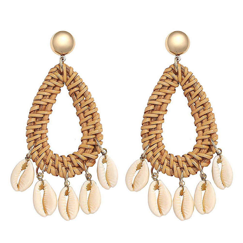 Handmade Rattan Shell Earrings for Women - Bohemian Straw Woven Dangle Drop Earrings - Perfect Birthday Jewelry Gifts for Her - Ideal for Beach Vacations, Summer Outfits & Coffee Dates