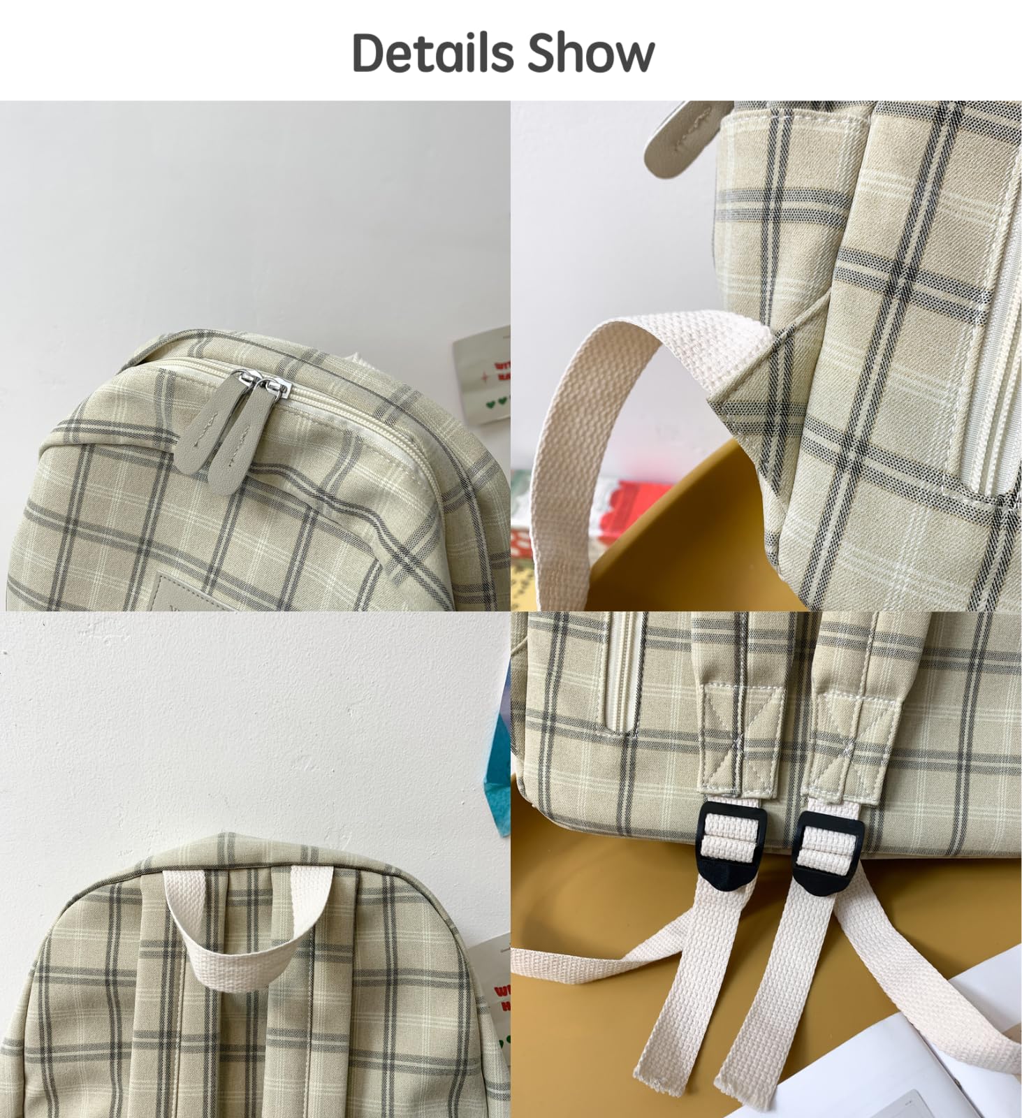 JHTPSLR Light Academia Aesthetic Backpack - Plaid Preppy School Bag for Teen Girls - Vintage Bookbag with Laptop Compartment - Perfect for College, High School & Travel (Light Grey)