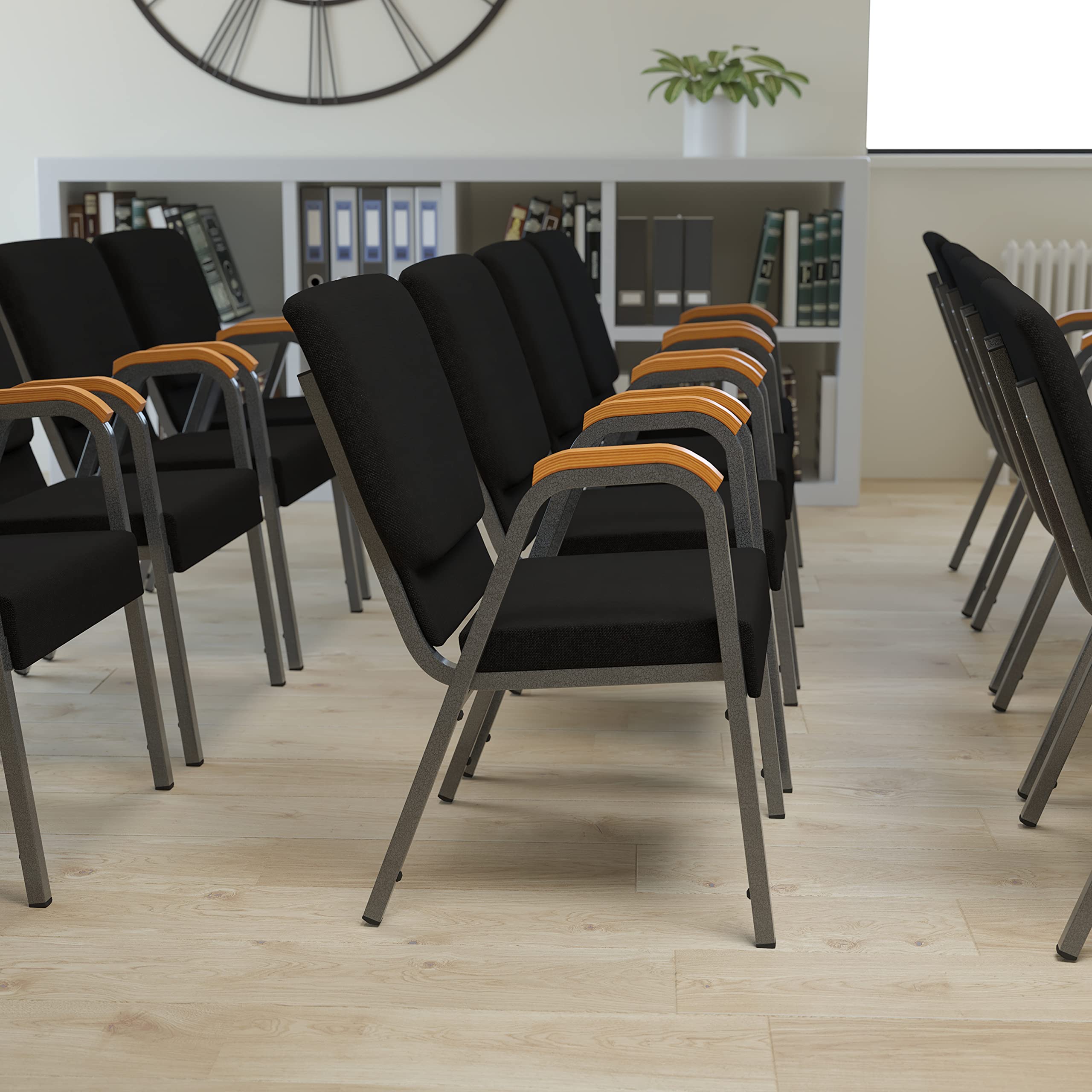 EMMA + OLIVER 21 Inch Black Fabric Stackable Church Chair with Silver Vein Frame Arms - Perfect for Weddings, Events & Religious Gatherings