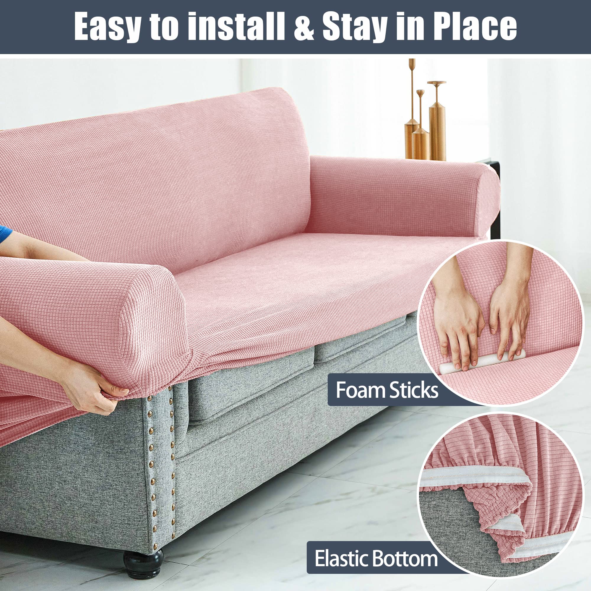 Stretch Sofa Slipcover - Waterproof Couch Cover, Soft Elastic Furniture Protector for Sofa with Non-Slip Bottom - Perfect for Kids & Pets (Pink, Small Size) - Ideal for Living Room, Family Room & Pet-Friendly Homes