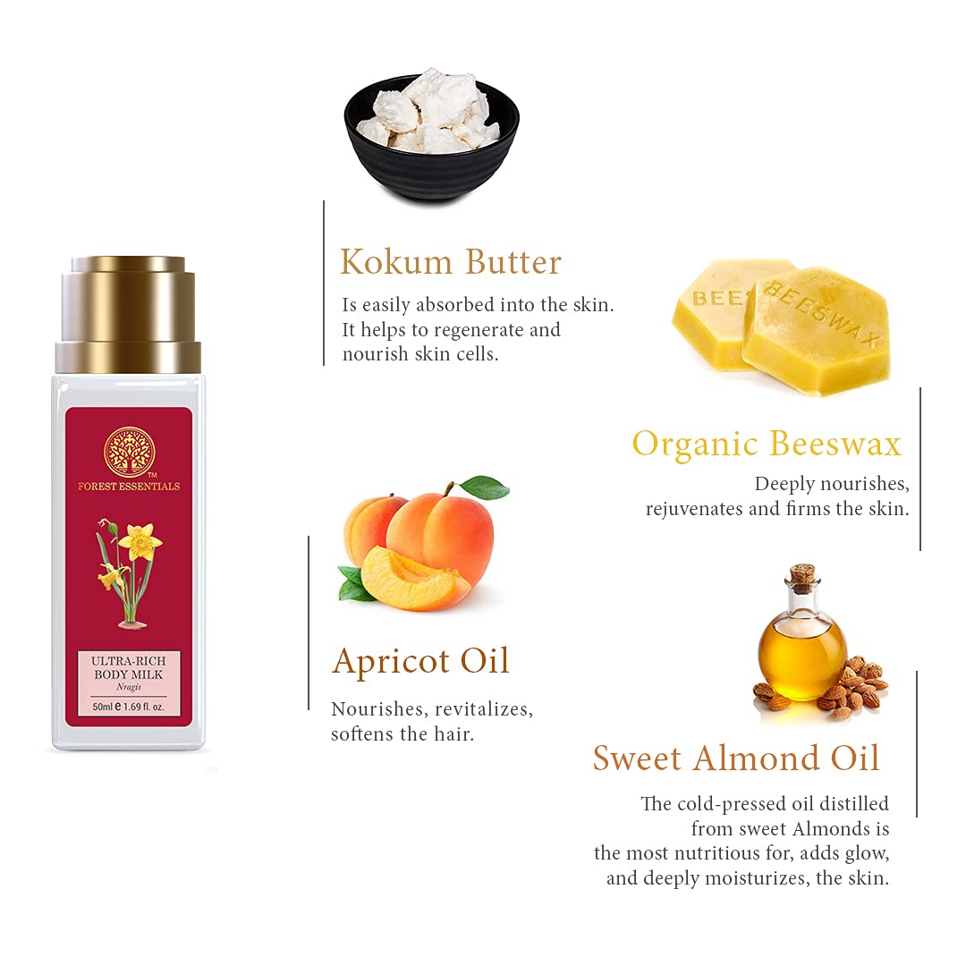 Forest Essentials Ultra-Rich Nargis Body Milk Travel Size (50ml) - Ayurvedic Natural Moisturizing Lotion for Dry Skin, Paraben-Free Hydration for Women & Men | Perfect for On-the-Go Skincare & Travel Essentials