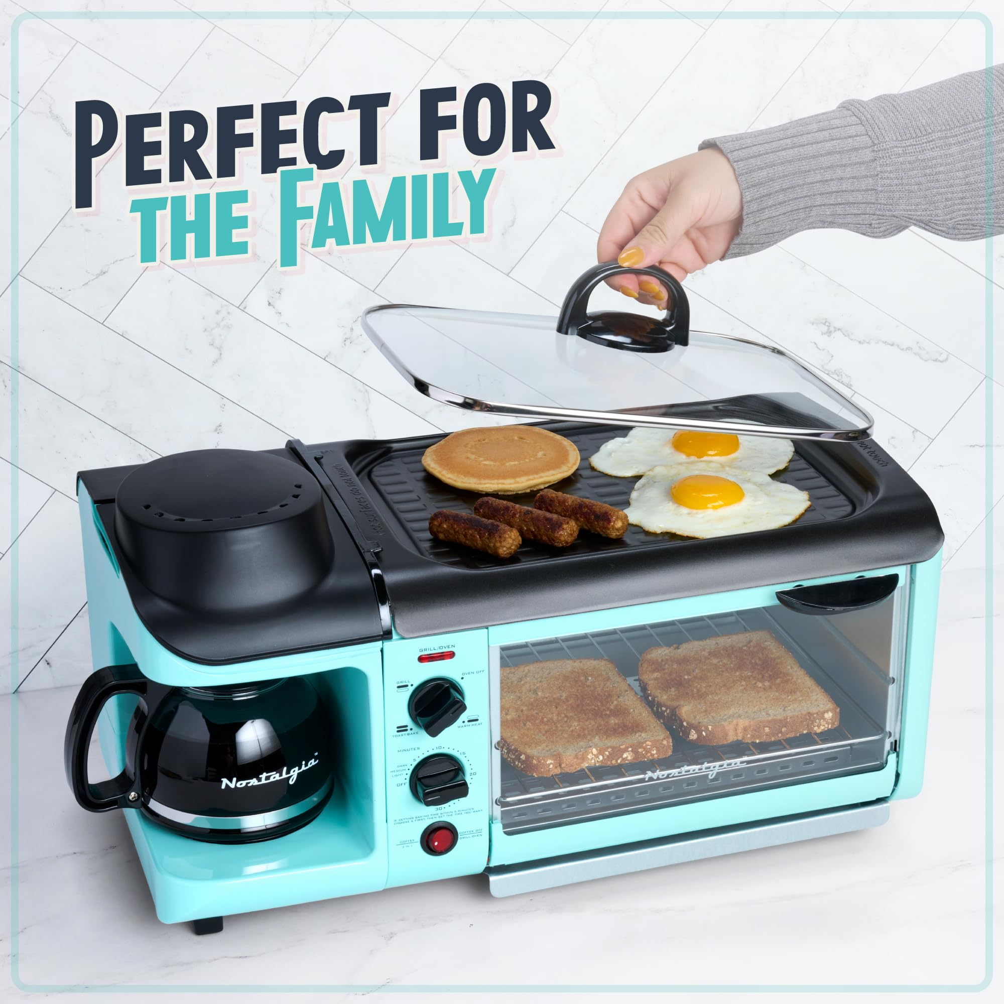 Nostalgia 3-in-1 Breakfast Station with Coffee Maker, Non-Stick Griddle & 4-Slice Toaster Oven | Versatile Breakfast Maker with Timer | Perfect for Small Kitchens, Dorms & RV Living | Aqua