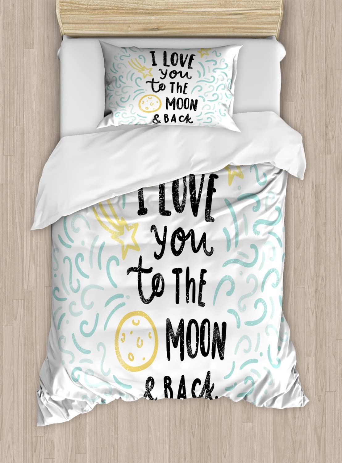 Ambesonne I Love You Duvet Cover Set - Cartoon Style Dreams Sibling Love Friends Theme Bedding - 2 Duvet Covers & 4 Pillowcases - 2 Pack Queen Size in Yellow Grey Mint - Perfect for Kids' Rooms, Guest Bedrooms & Gift Giving