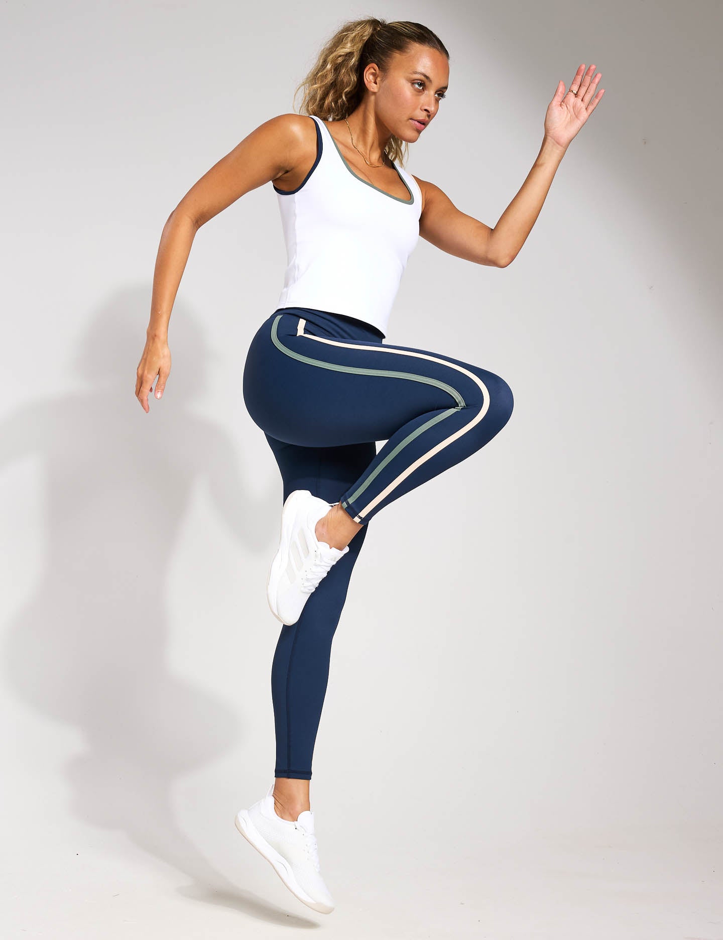 Women's Navy Blue Chelsea Side Stripe Leggings - High Waisted Yoga Pants for Workout, Running & Lounge Wear