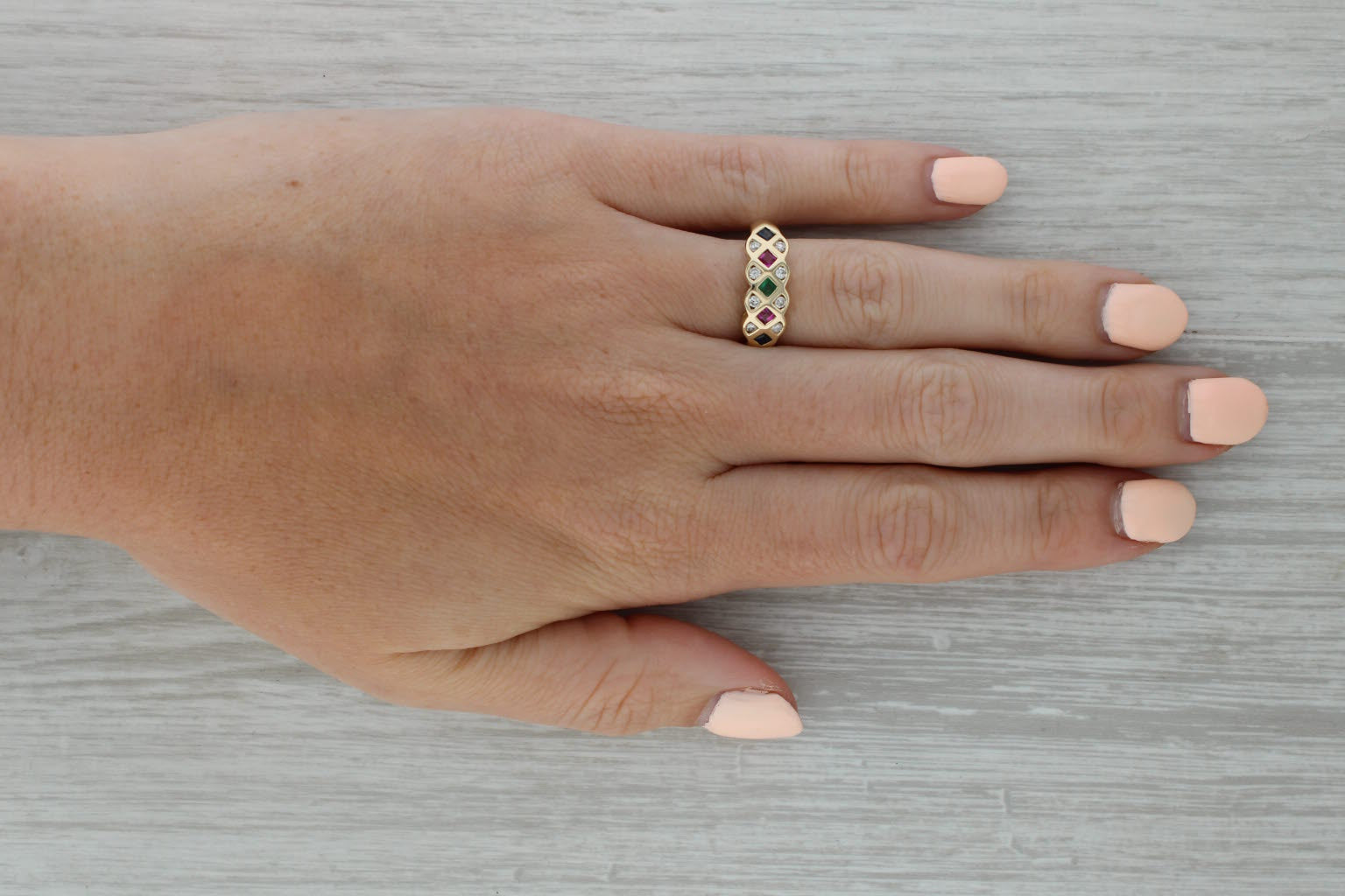 0.43ctw Natural Emerald Ruby Sapphire Diamond Ring in 14k Yellow Gold, Size 6.25 - Elegant Wedding Band, Anniversary Gift for Her, Perfect for Engagement & Special Occasions
