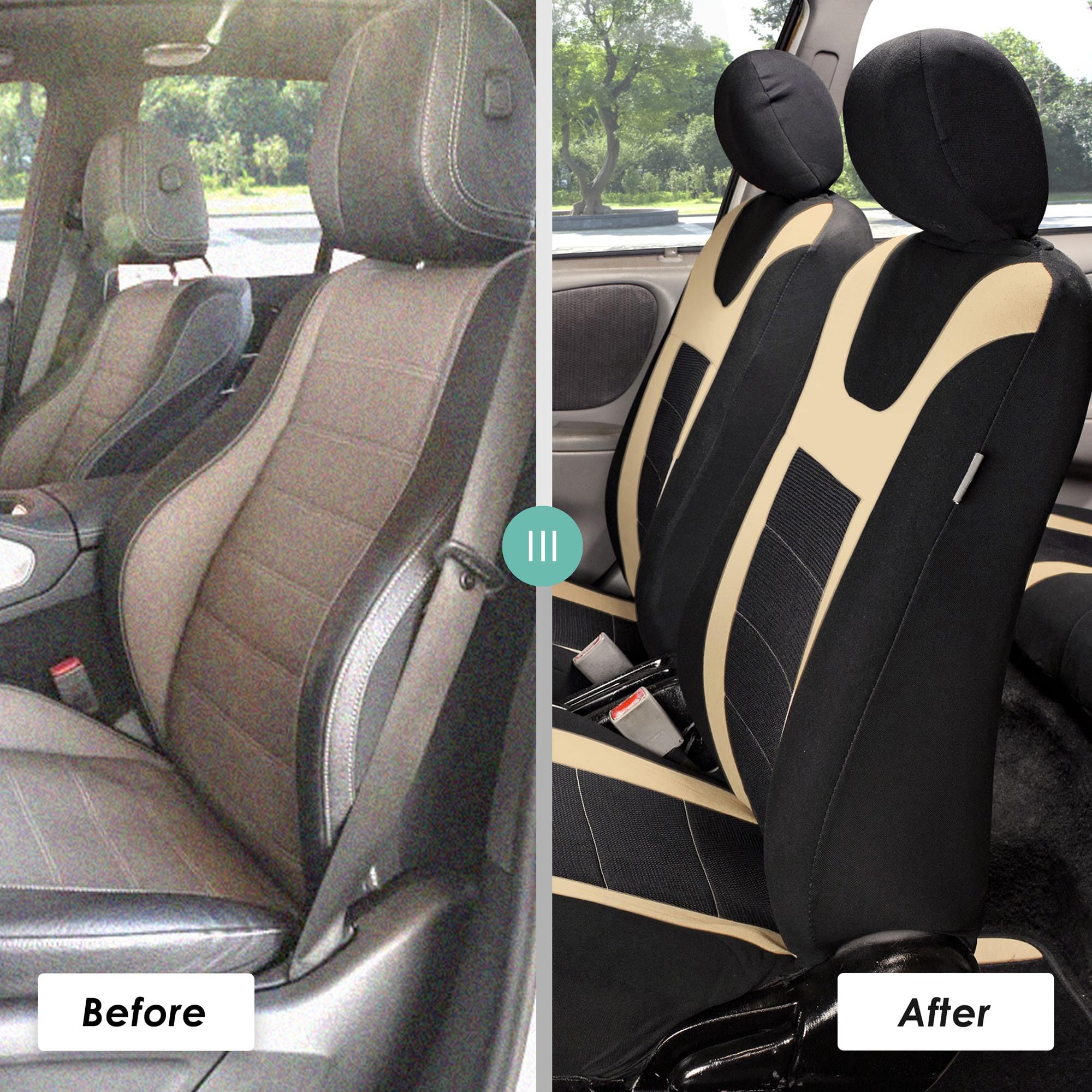 FH Group Universal Full Set Car Seat Covers - Low Back Front & Split Bench Rear Seat Covers, Airbag Compatible, Washable Beige Fabric for SUV, Sedan, Van | Perfect for Daily Commute, Road Trips & Family Protection