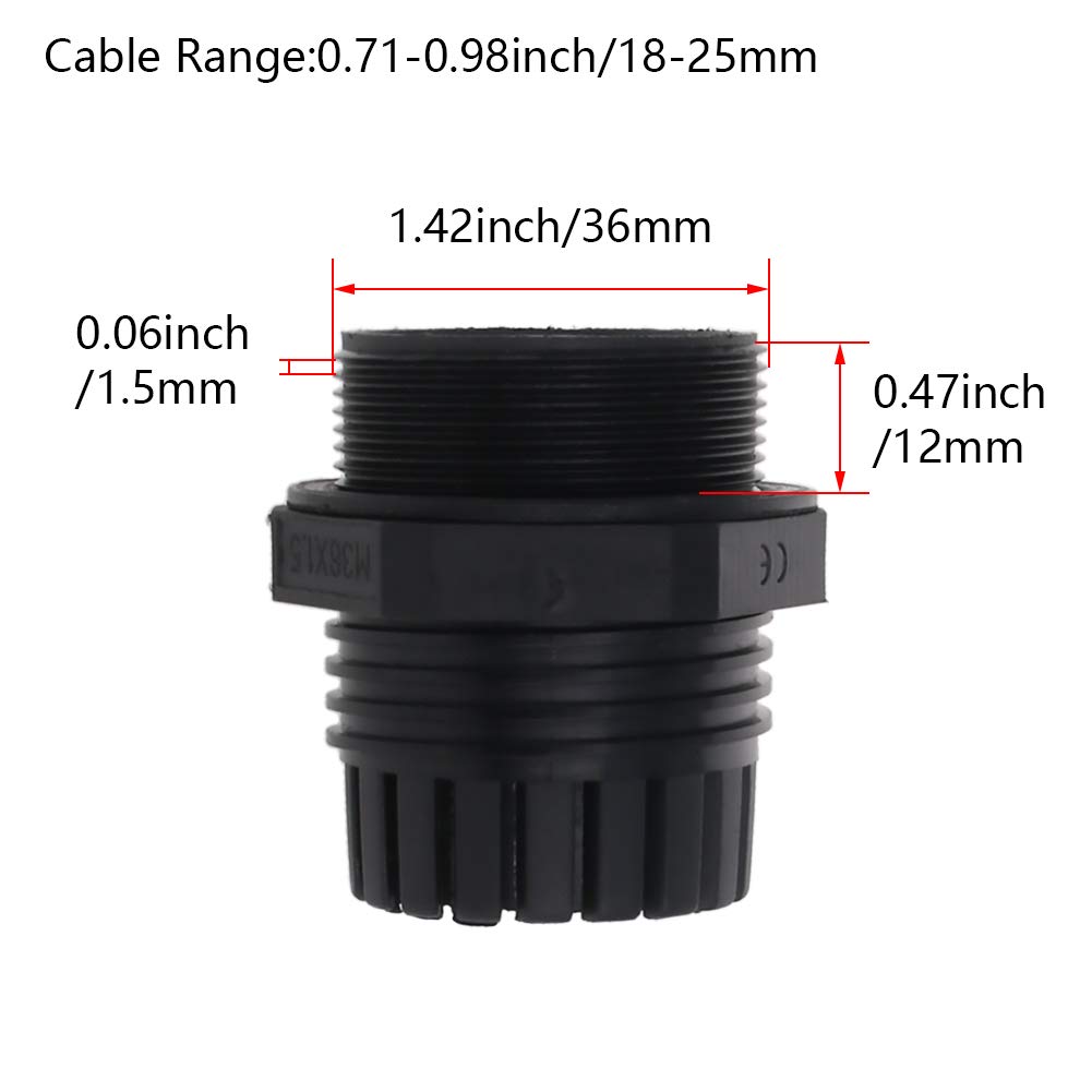 Fielect M36 Adjustable Plastic Waterproof Cable Gland Connector - Black (Fits 18-25mm Diameter Cables) for Outdoor Electrical Wiring, Marine & Industrial Applications