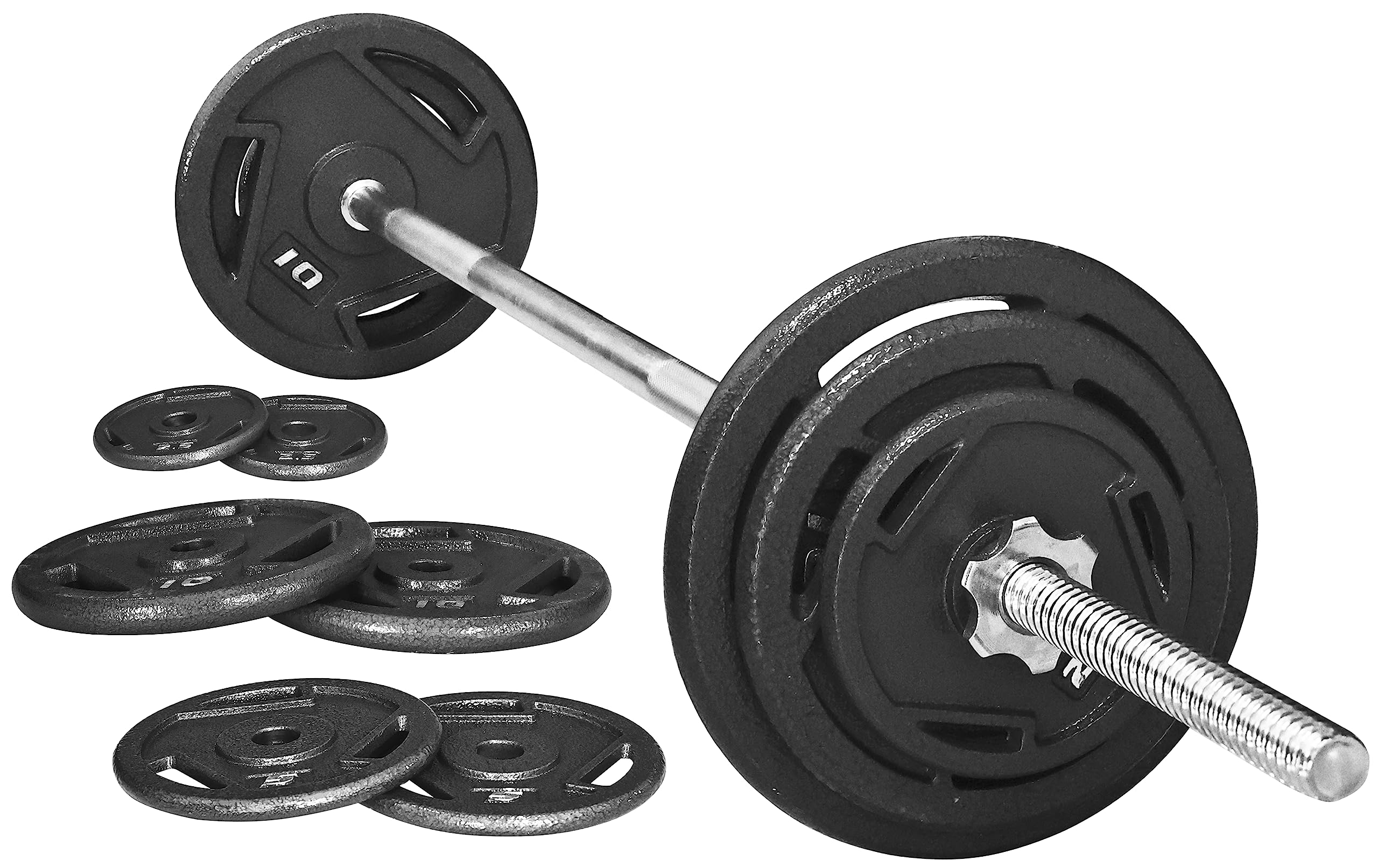 Cast Iron Standard Weight Plates 45-Pound Set (35lbs Plates + 10lbs Barbell) with 5FT Standard Barbell & Star Locks - Strength Training Equipment for Home Gym, CrossFit, Powerlifting & Weightlifting Workouts
