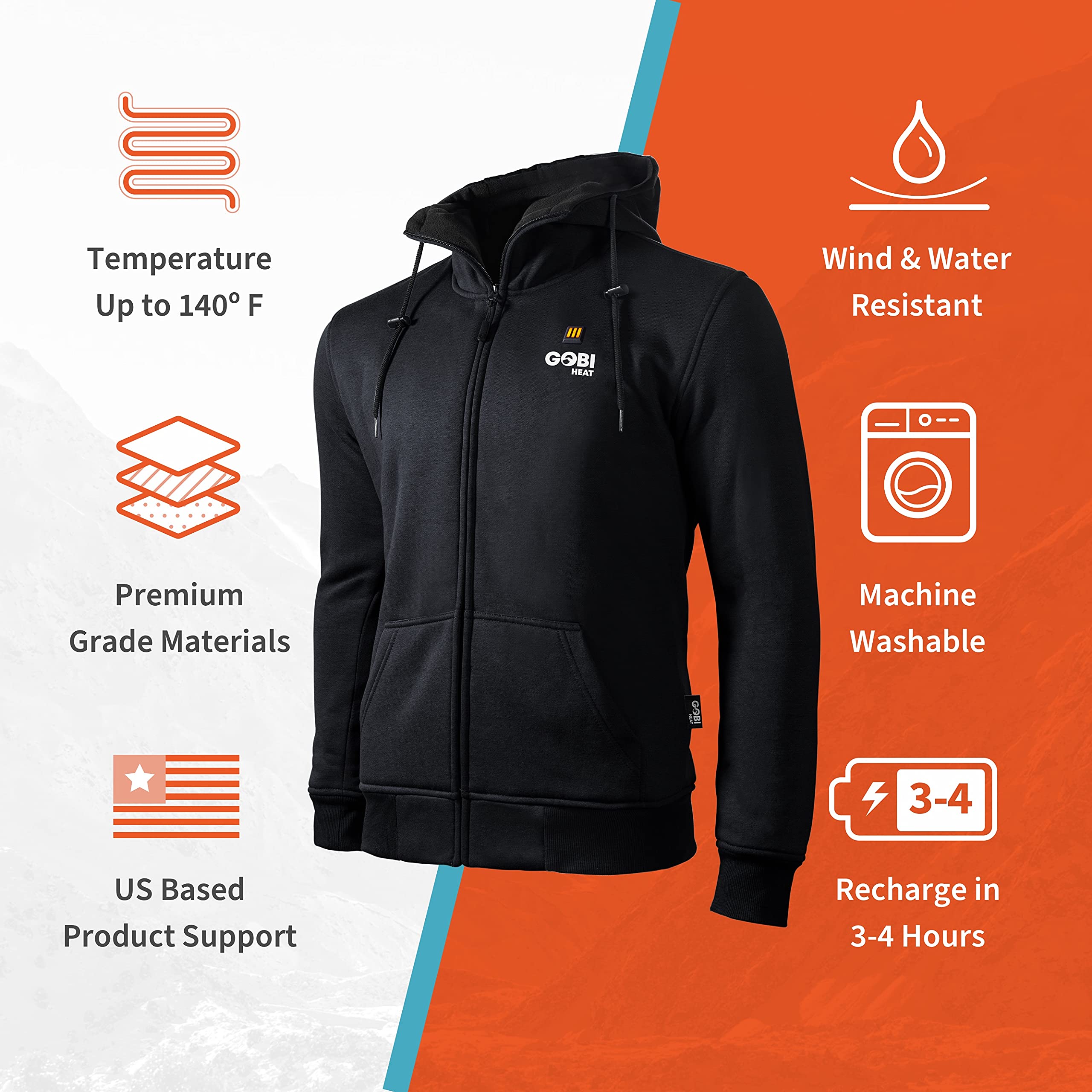 Ridge Men's Heated Hoodie with Battery & Charger - 10 Hours Continuous Heating, Machine Washable - Perfect for Outdoor Work, Winter Sports & Cold Weather Activities