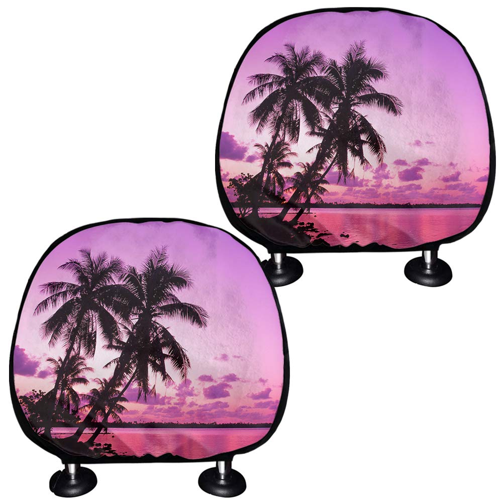 Daulesho 2 Pack Tropical Purple Beach Sunset Palm Tree Print Car Seat Headrest Covers - Universal Fit for Most Vehicles, Soft & Stylish Auto Interior Accessories - Perfect for Beach Trips, Summer Road Travel & Tropical-Themed Car Decor