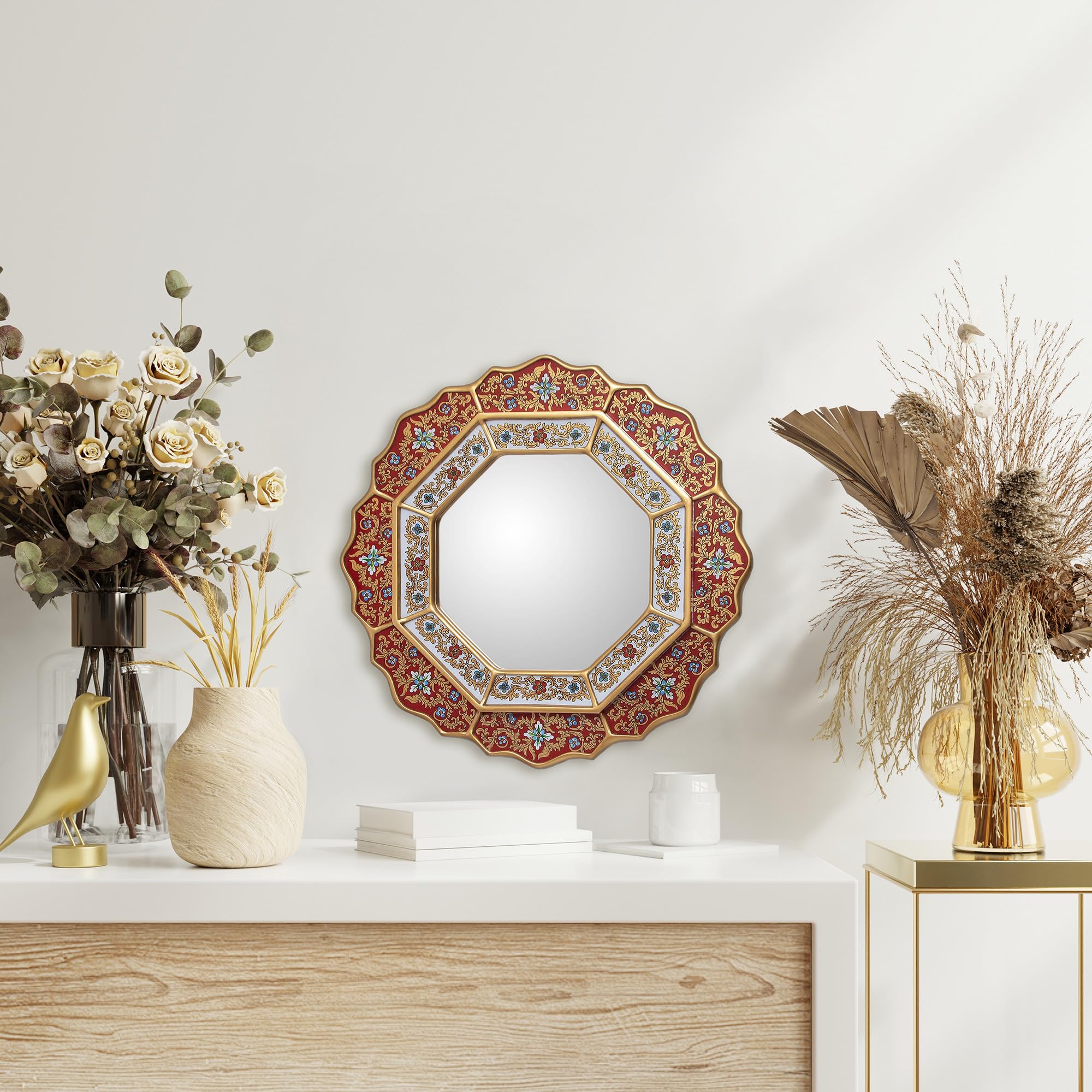 Handmade Reverse Painted Wood & Glass Wall Mirror - Red Star Design | Boho Home Decor | Perfect for Bedroom, Bathroom & Entryway Wall Art