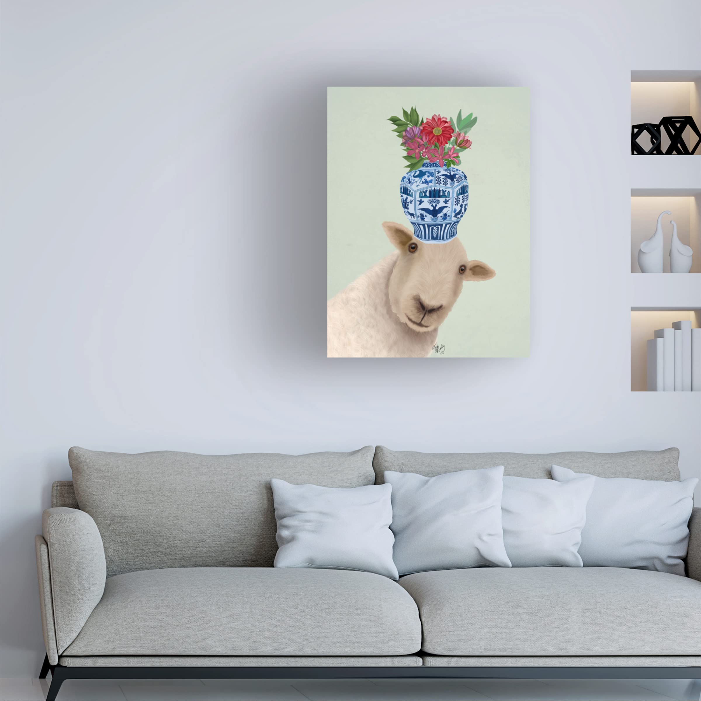 Trademark Fine Art 'Sheep with Vase of Flowers' Canvas Wall Decor by Fab Funky - Perfect for Living Room, Bedroom & Office Decor