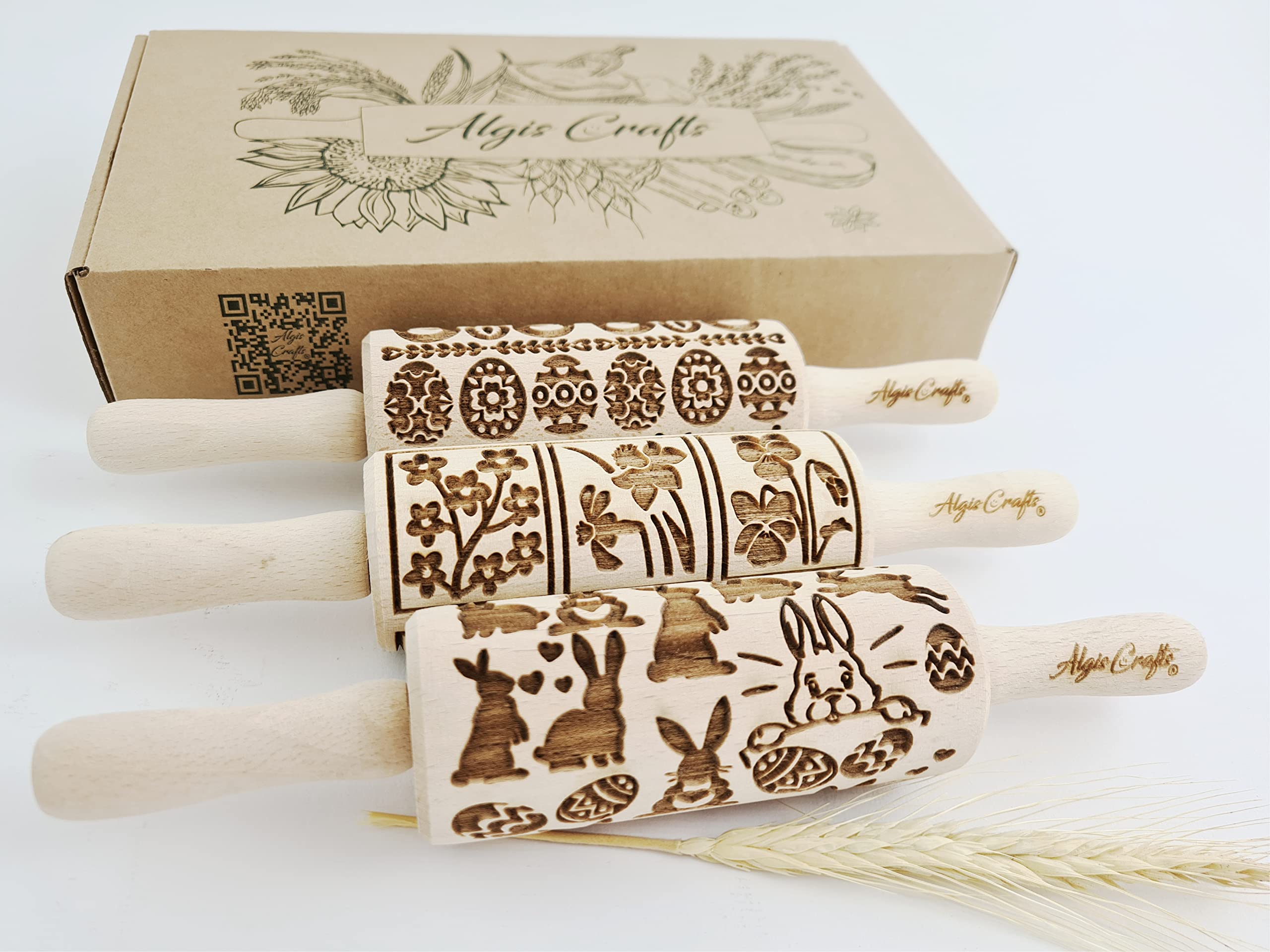 EASTER 3 Mini Embossed Rolling Pin Set - Wooden Laser Cut Cookie Rolling Pins for Easter Baking (Rabbit, Egg, Chicken, Spring Flowers Design) - Perfect for Holiday Cookies, DIY Crafts & Gift Giving by Algis Crafts