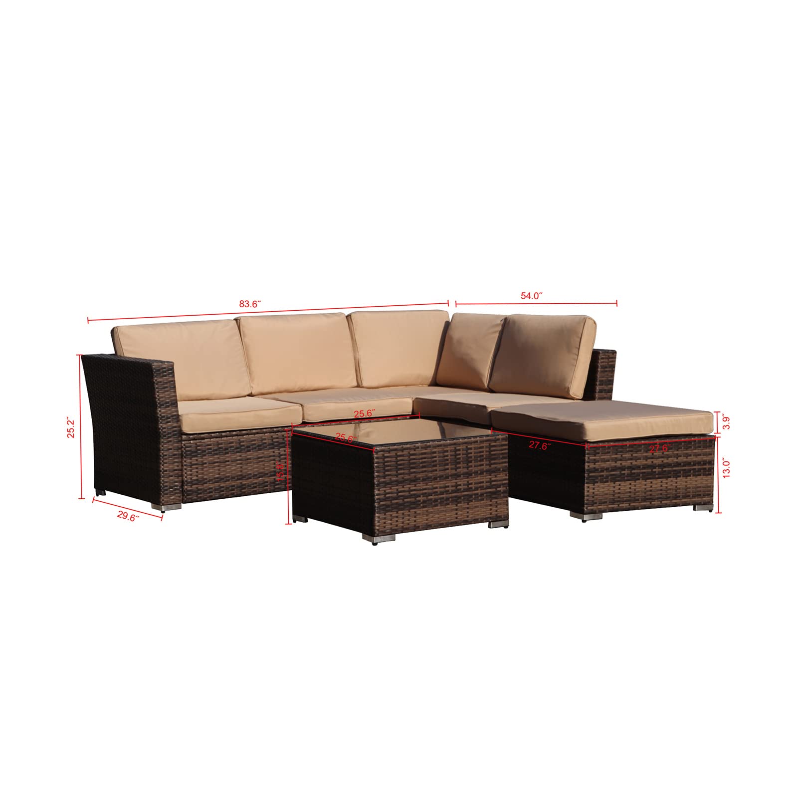 VERYKE 4-Piece All-Weather Outdoor Patio Furniture Set - Wicker Rattan Sectional Sofa with Waterproof Cushion & Tempered Glass Table - Brown - Perfect for Backyard, Garden, Poolside & Patio Relaxation