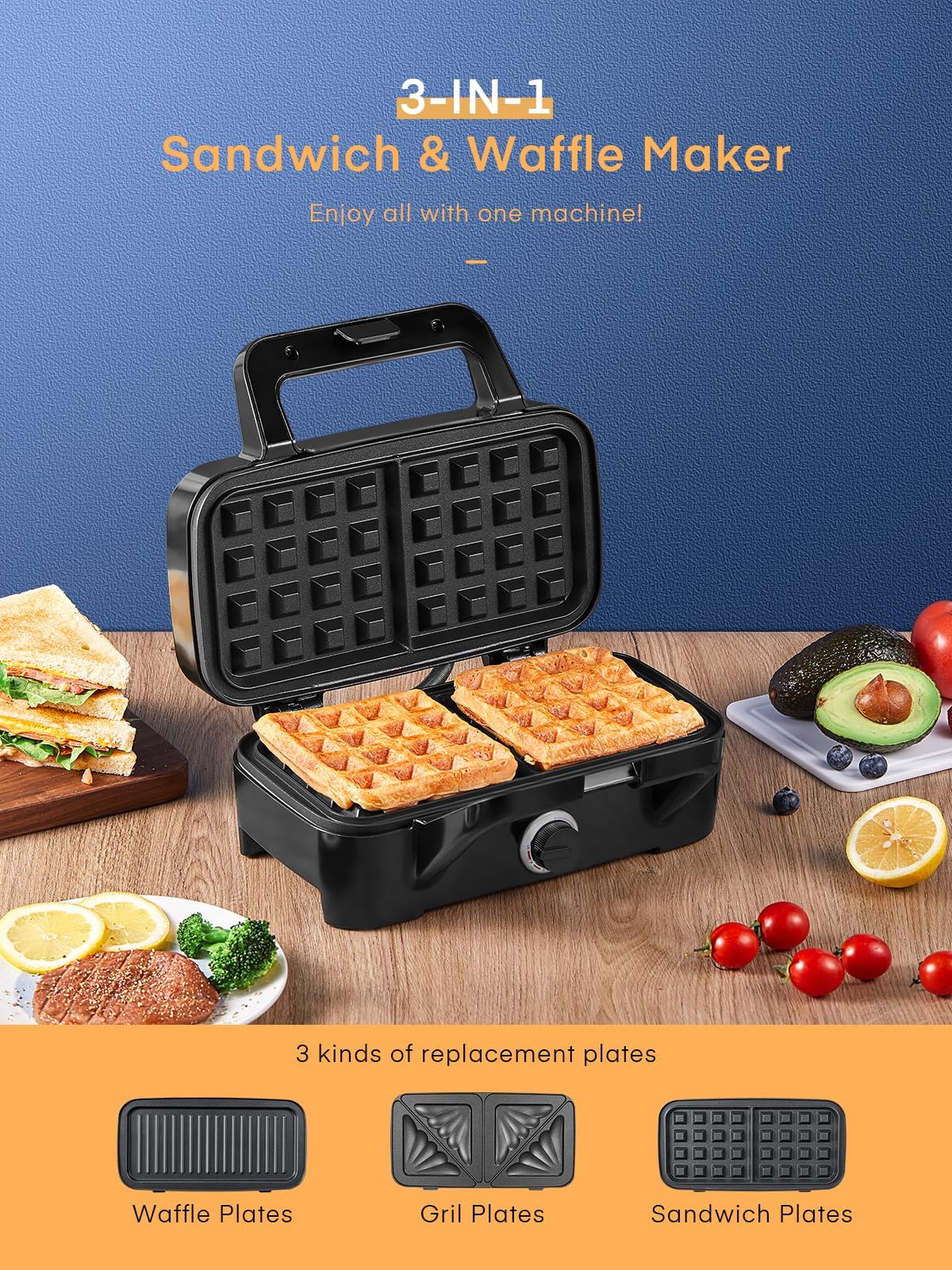 HOUSNAT 3-in-1 Sandwich & Waffle Maker with Removable Non-Stick Plates, 1200W Panini Press Grill, 5-Level Temperature Control & Indicator Lights - Perfect for Breakfast, Lunch & Quick Snacks at Home, Office or Dorm (Black)