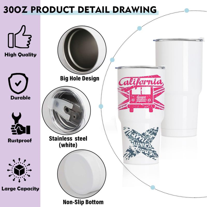 30oz Stainless Steel Sublimation Tumblers Bulk - 8 Pack Double Wall Vacuum Insulated Coffee Mugs with Shrink Wrap Films & Splash Proof Lids - Perfect for DIY Gifts, Coffee, Tea & Cold Beverages - Great for Travel, Office, Camping & Outdoor Activities (White)