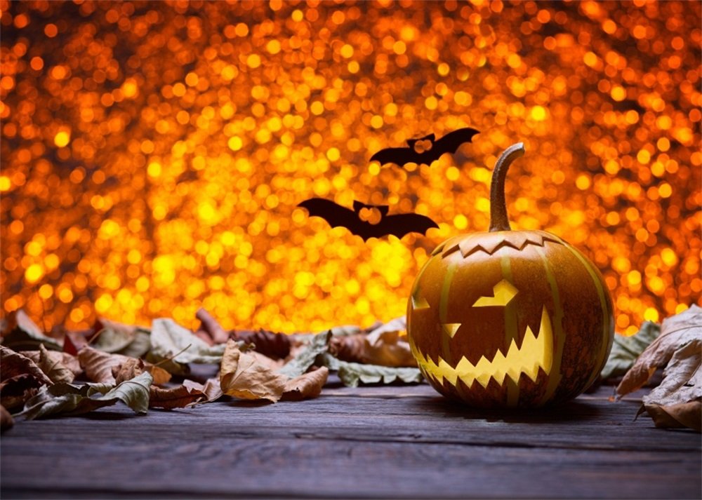 Leowefowa 5X3FT Halloween Photography Backdrop - Scary Pumpkin Lamp, Black Bats & Sparkle Sequins Design on Wood Floor Polyester Background for Kids Party, Baby Shower, Masquerade Studio Props | Perfect for Halloween Decorations, Photo Booths & Themed Events