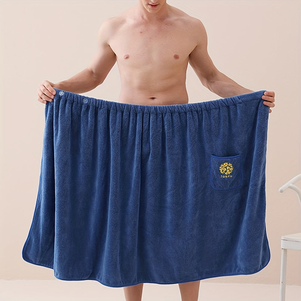 1pc Soft Absorbent Men's Bath Wrap Towel - Quick Dry Skin-Friendly Shower Skirt with Pocket - Plain Color Bathroom Essentials for Sauna, Spa, Gym & Home Use