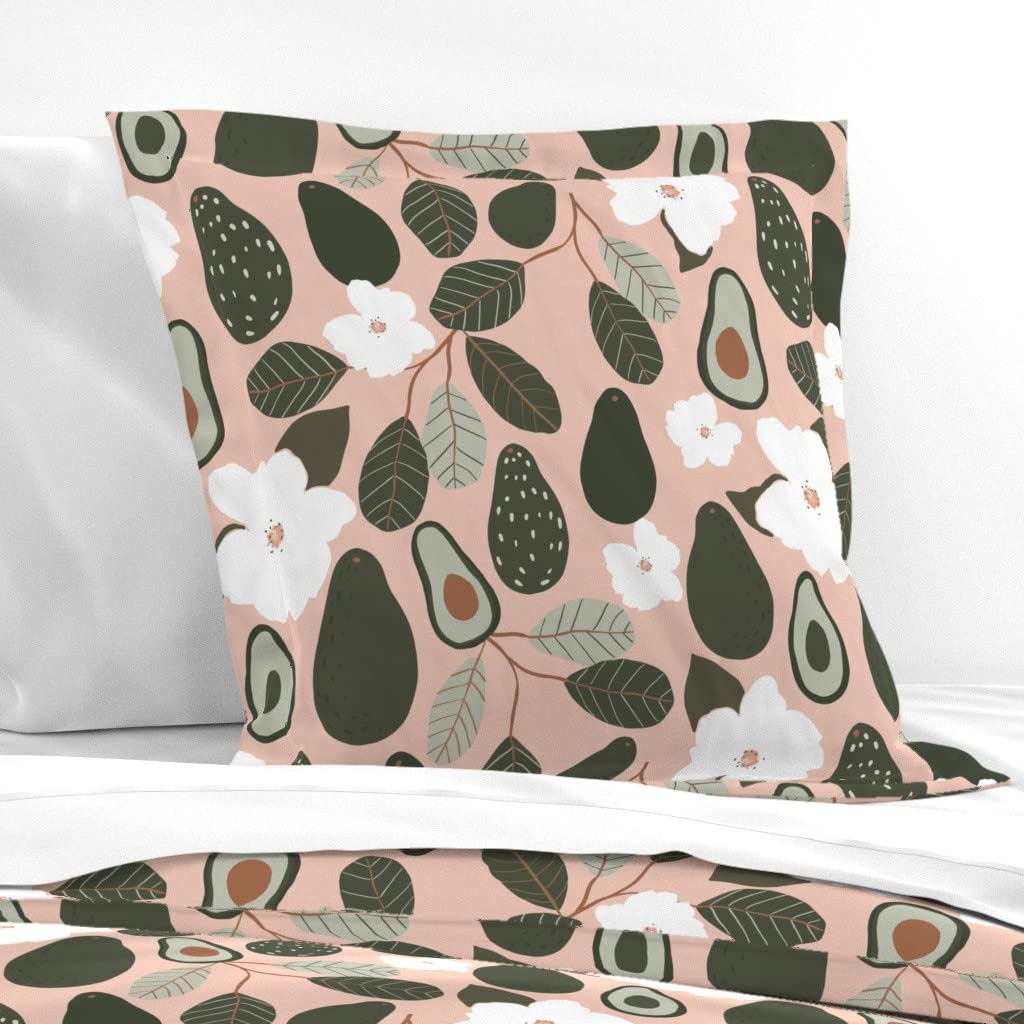 Premium Cotton Sateen Euro Sham with Flanged Edge - Avocado Blossom Floral Print | Modern Vintage Custom Bedding for Master Bedroom & Guest Room Decor | Spring-Themed Home Textile for Cozy Farmhouse Aesthetic