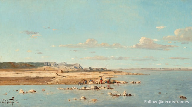 Washerwomen on the Banks of the Durance 1866 - Vintage French River Landscape Painting - Home & Office Wall Art Decor
