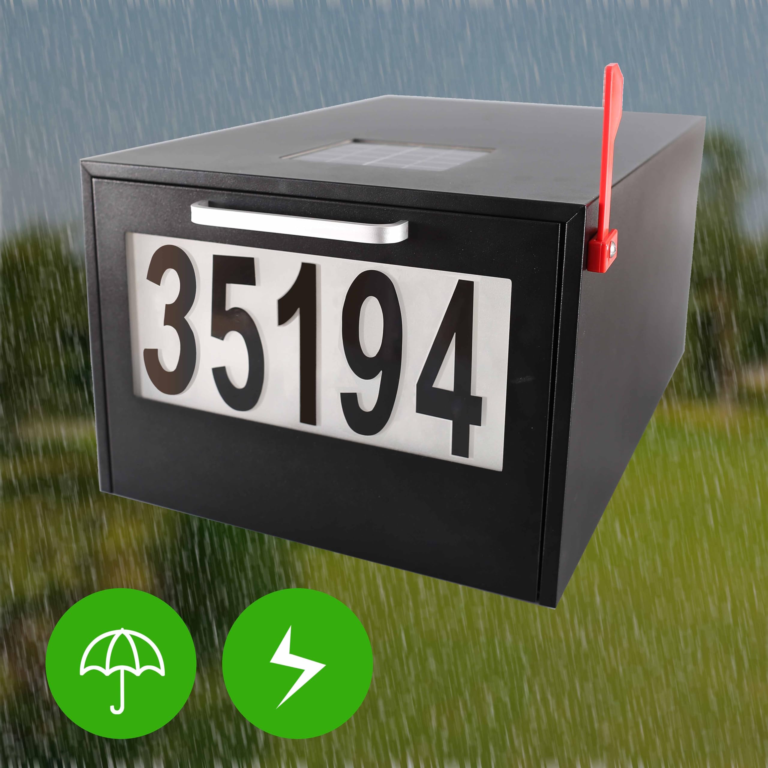 Black Post Mount Mailbox with Solar-Powered LED Numbers - 2 Lighting Modes, Large Capacity & Infrared Sensor for Night Illumination - Durable Iron Mailbox for Outdoor Use - Perfect for Driveway, Front Yard, and Rural Home Security