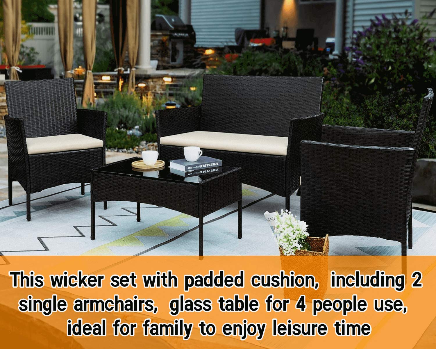 4-Piece Outdoor Patio Conversation Set with Cushions - Rattan Wicker Sofa & Tempered Glass Coffee Table - Perfect for Backyard, Garden, Balcony, Porch & Poolside Relaxation