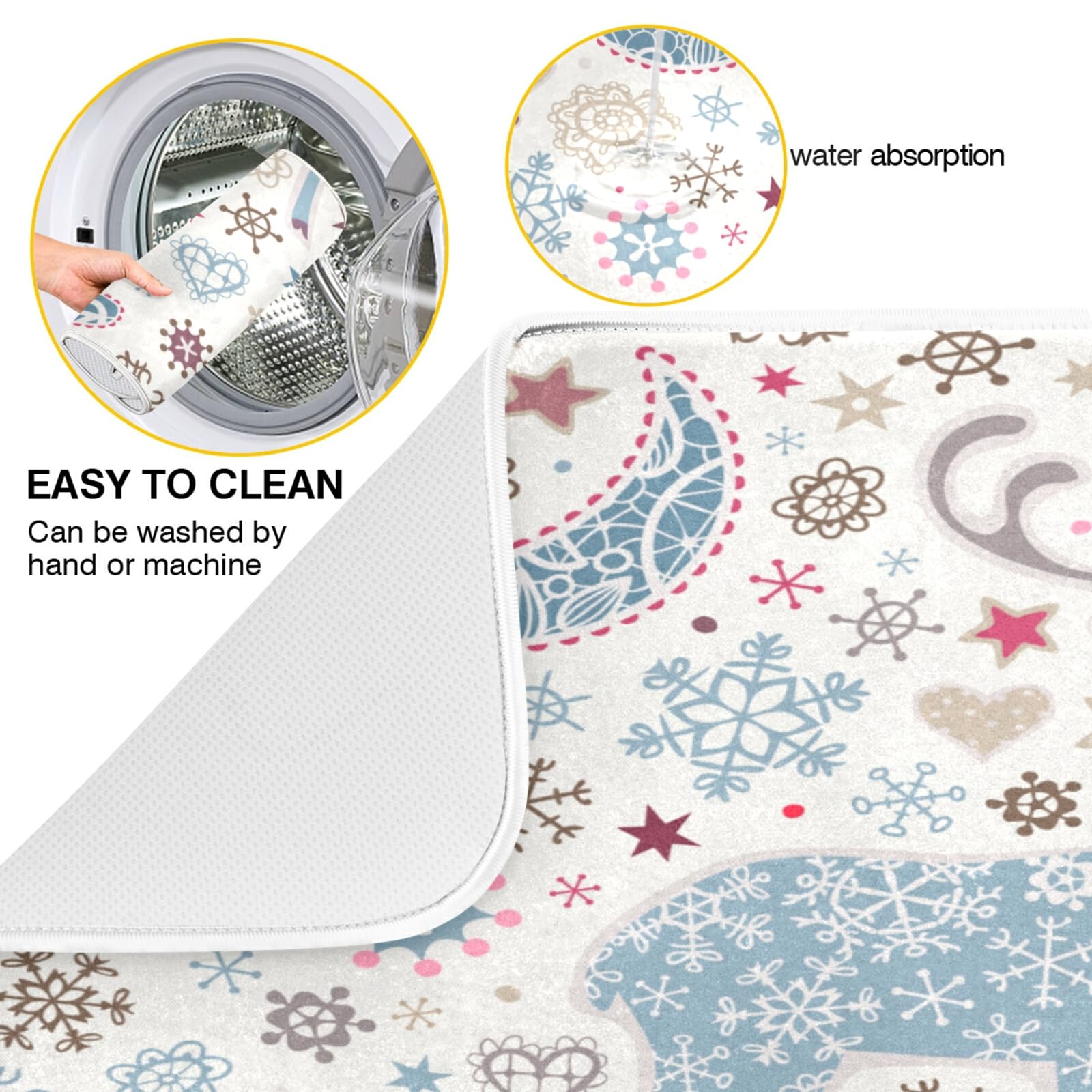 Blue Christmas Deer Kitchen Dish Drying Mat - 16x18 Inch Absorbent Microfiber Countertop Drying Pad, Dish Rack & Drainer Mat - Perfect for Holiday Decor & Daily Dish Drying