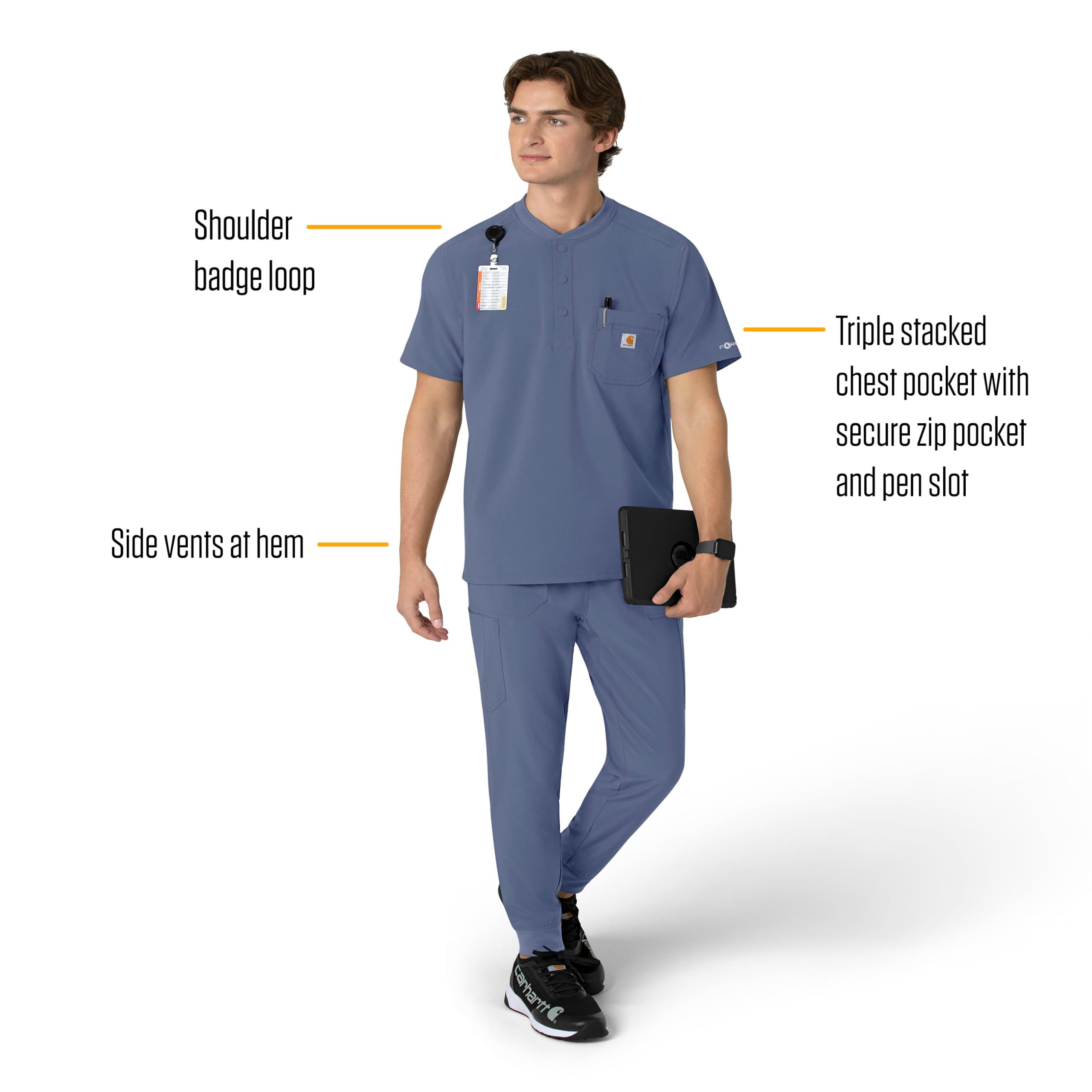 Carhartt Force Cross-Flex Men's Henley Scrub Top - Breathable Workwear for Medical Professionals - Navy Blue Scrubs for Doctors, Nurses & Healthcare Workers