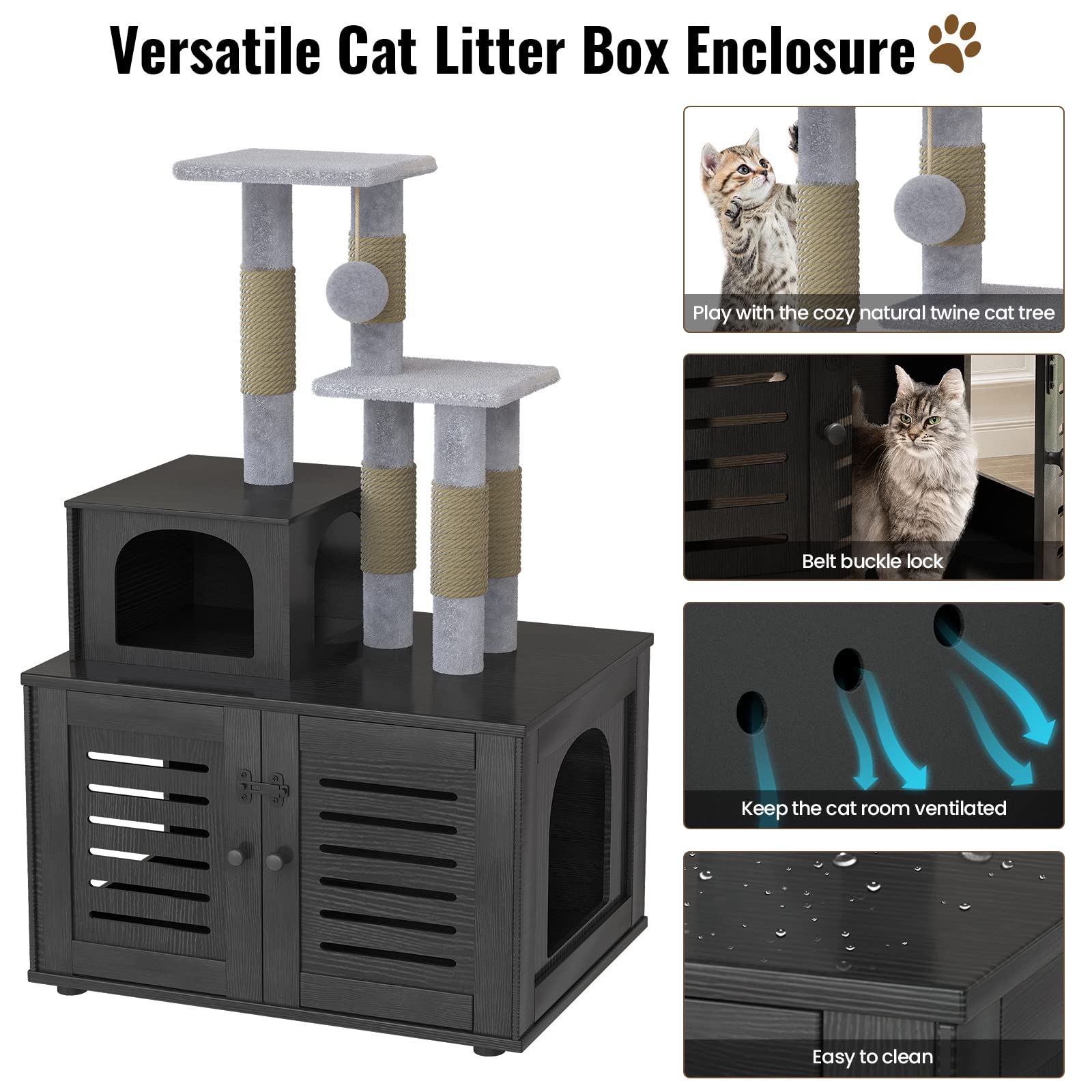 Recaceik Wooden Cat Litter Box Enclosure with Cat Tree - Hidden Washroom Furniture with Divider, Scratching Post & Plush Perch - Indoor Pet Cabinet for Small Spaces (Black) | Perfect for Apartments & Multi-Cat Homes