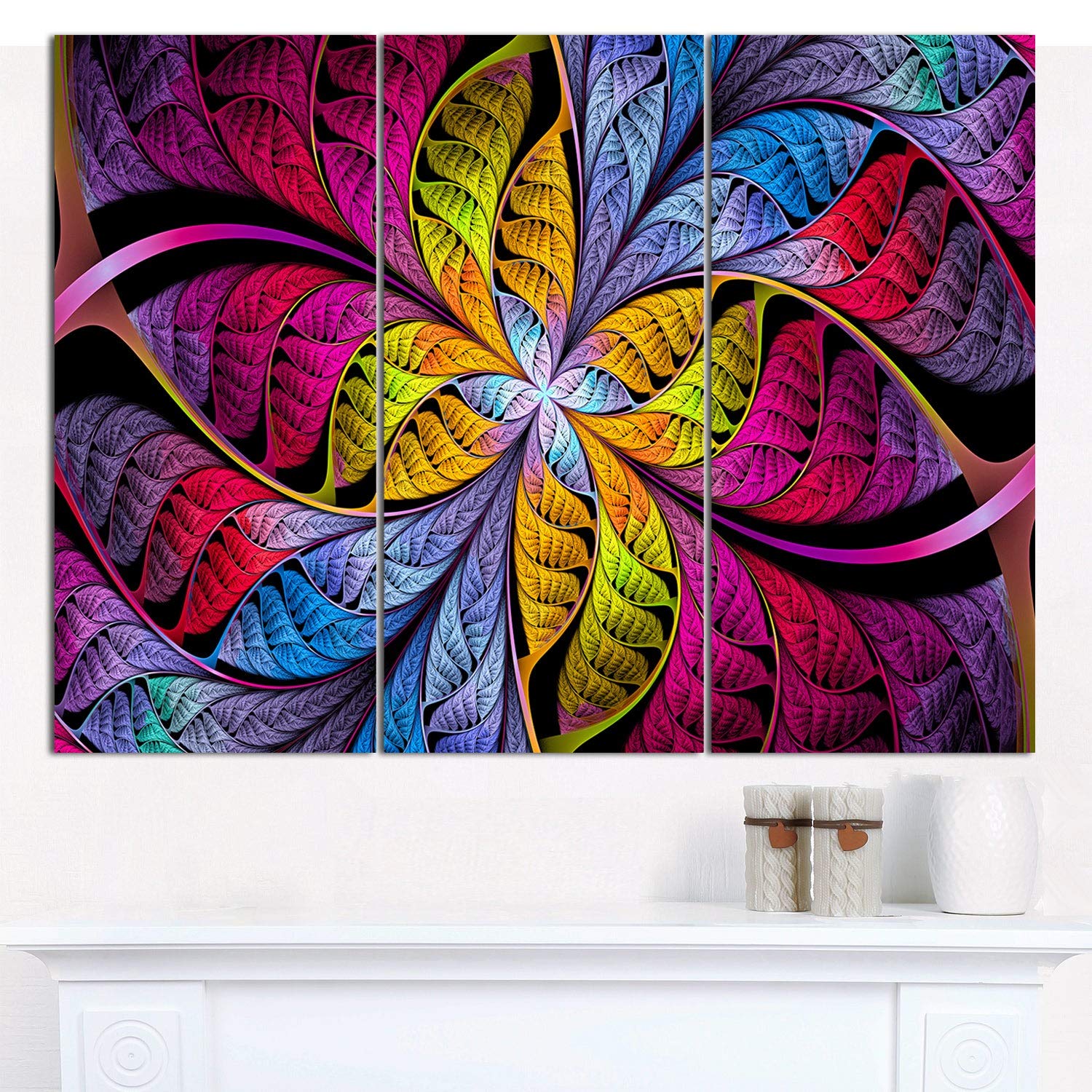 Abstract Wall Art - DESIGN ART 'Pink Yellow Fractal Stained Glass' Multipanel Canvas Painting - 36