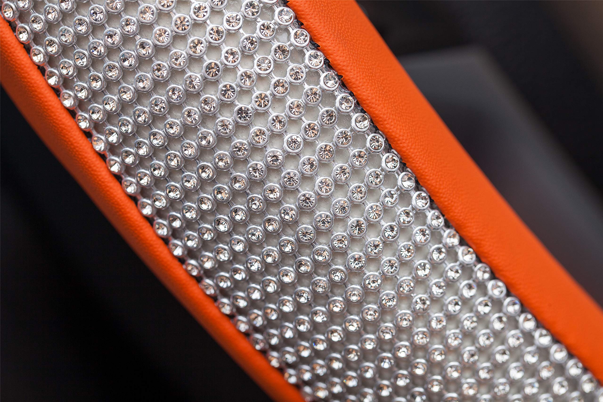 Diamond Leather Steering Wheel Cover with Bling Crystal Rhinestones - Universal Fit 15 Inch Car Wheel Protector for Women & Girls - Orange Luxury Car Accessory for Daily Driving & Gift Giving