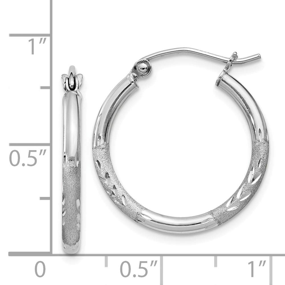 Sterling Silver Rhodium-Plated 2mm Satin & Diamond Cut Hoop Earrings for Women - Elegant Everyday Jewelry for Work, Date Night & Special Occasions