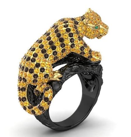 14K Yellow Gold Tiger Ring with Diamonds - Men's Animal Jewelry, Panther & Oxidized Tiger Head Ring for Gifts & Special Occasions