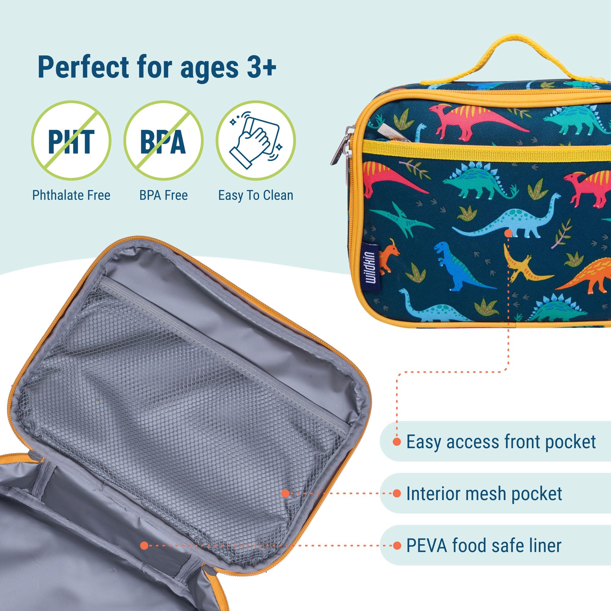 Wildkin 15 Inch Kids Backpack with Lunch Box Set - Dinosaur Theme School Backpack for Boys & Girls - Perfect for School, Travel & Outdoor Adventures (Jurassic Dinosaurs Design)