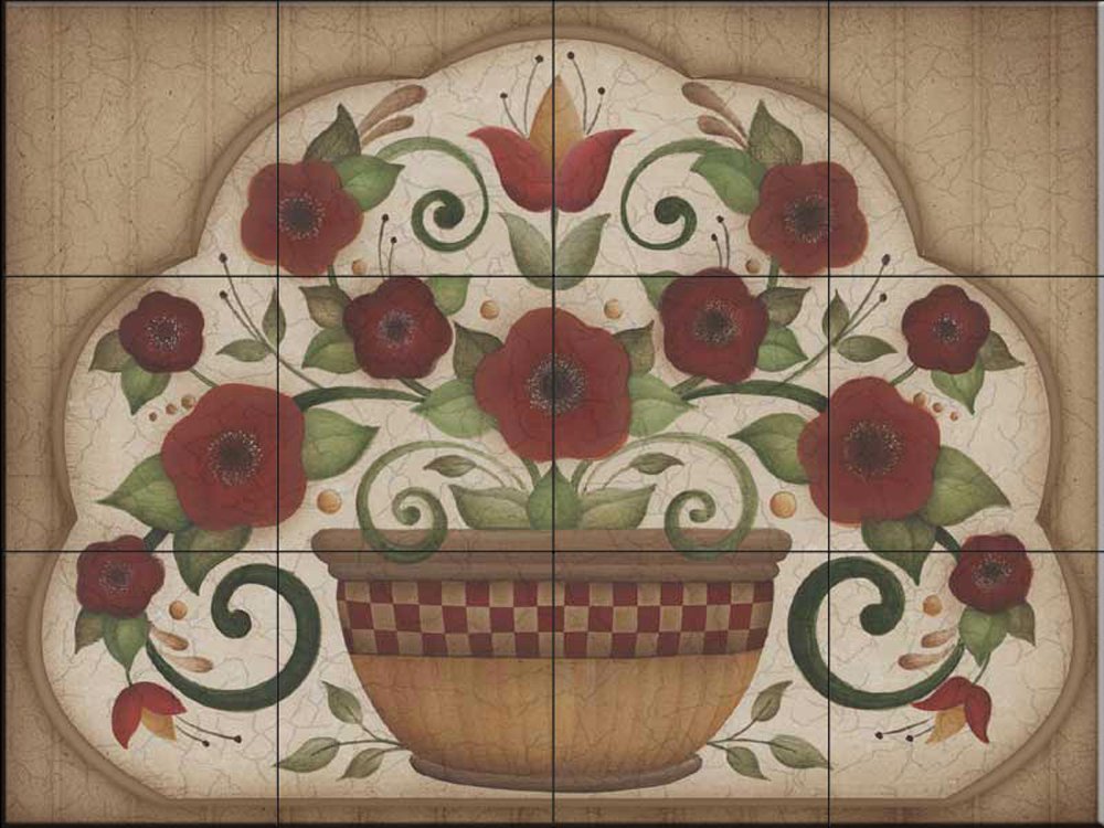 Hand-Painted Ceramic Tile Mural - Country Flowers in Pot on Brown Background - Wall Art by Angela Anderson - Perfect for Kitchen Backsplash, Bathroom Decor & Farmhouse Style Interiors